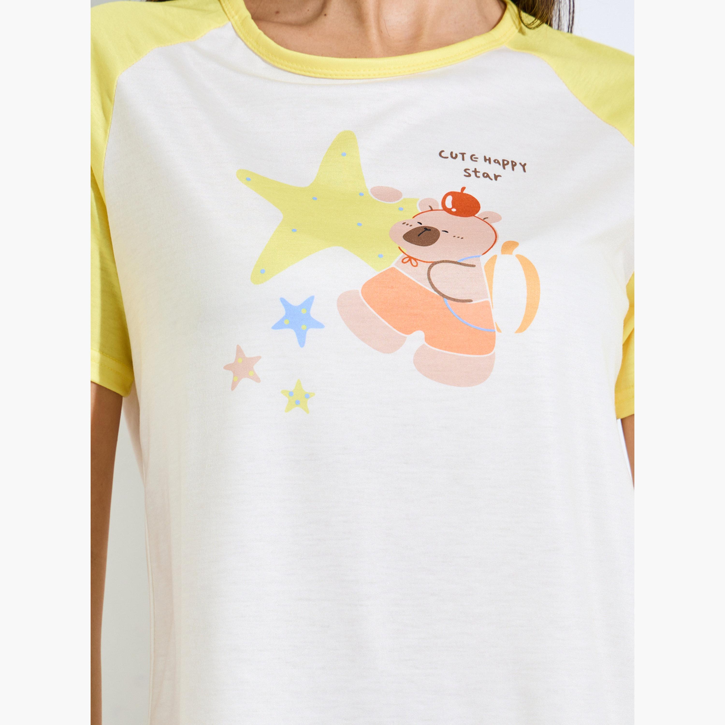 ستايلي - طقم نيشيرت أصفر مطبوع بأكمام راجلان وبنطال بيجاما مخطط-women-clothing-nightwear-pyjamas-longsets-image-6