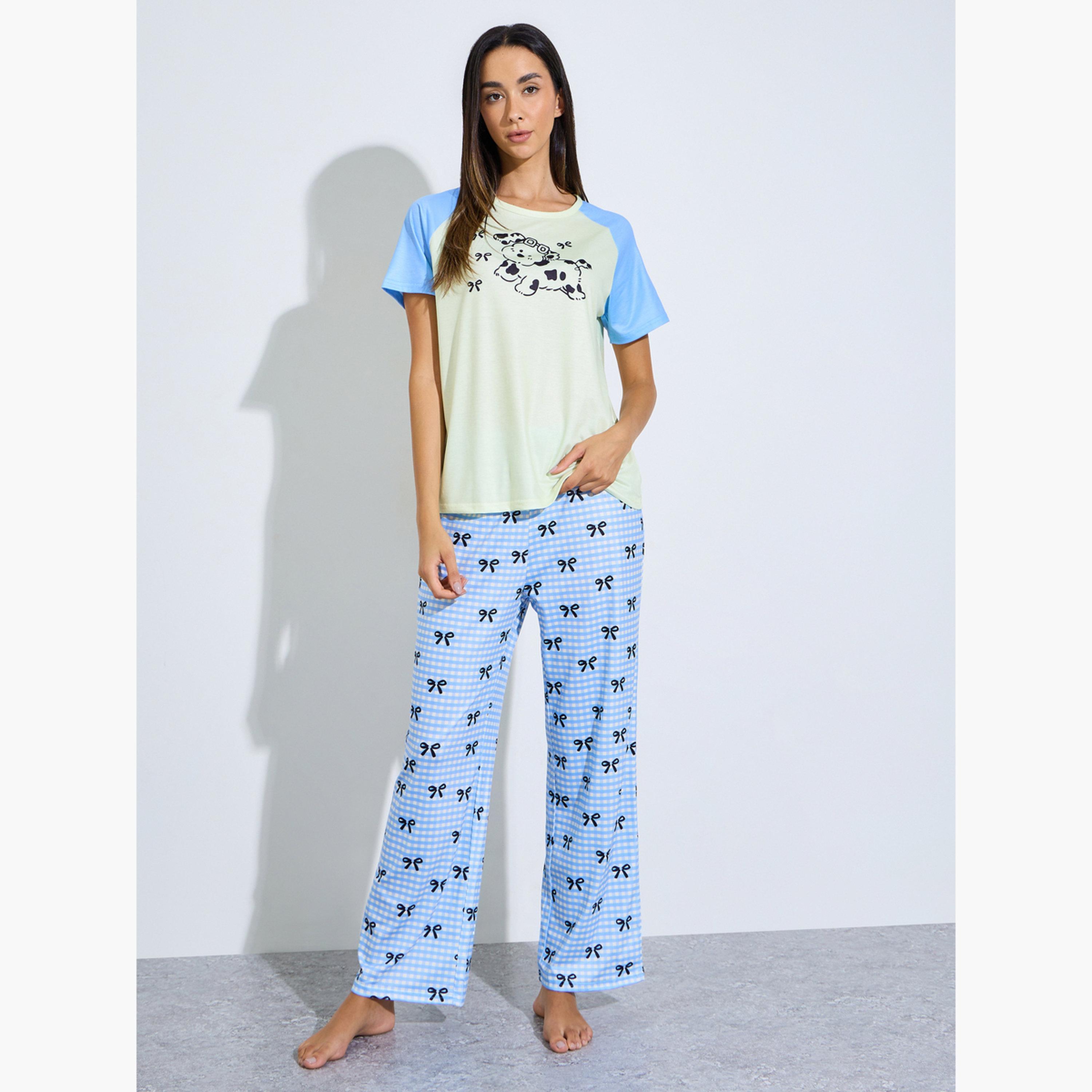 Styli Multi Printed Raglan T-Shirt and Pyjama Set-women-clothing-nightwear-pyjamas-longsets-image-1
