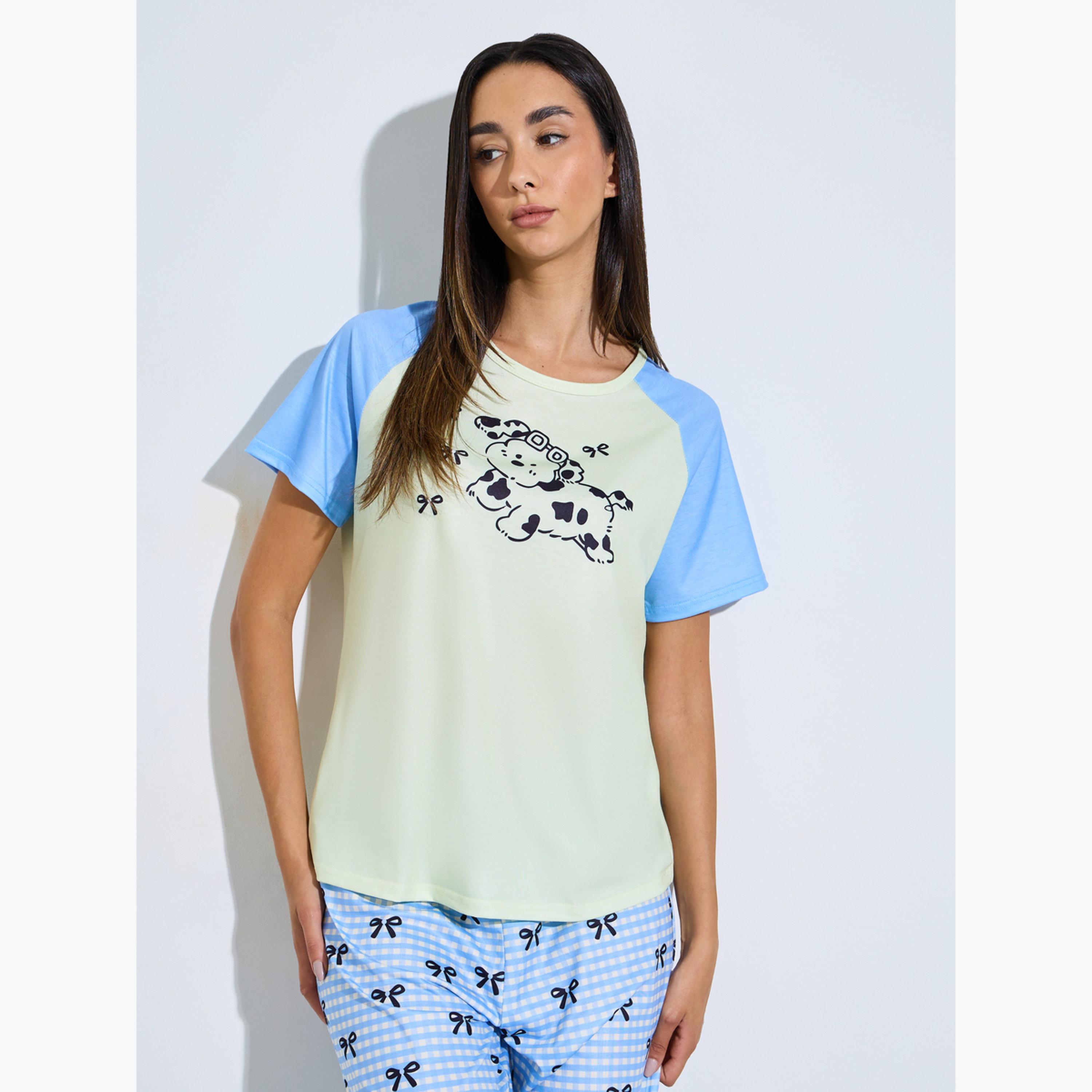 Styli Multi Printed Raglan T-Shirt and Pyjama Set-women-clothing-nightwear-pyjamas-longsets-image-2
