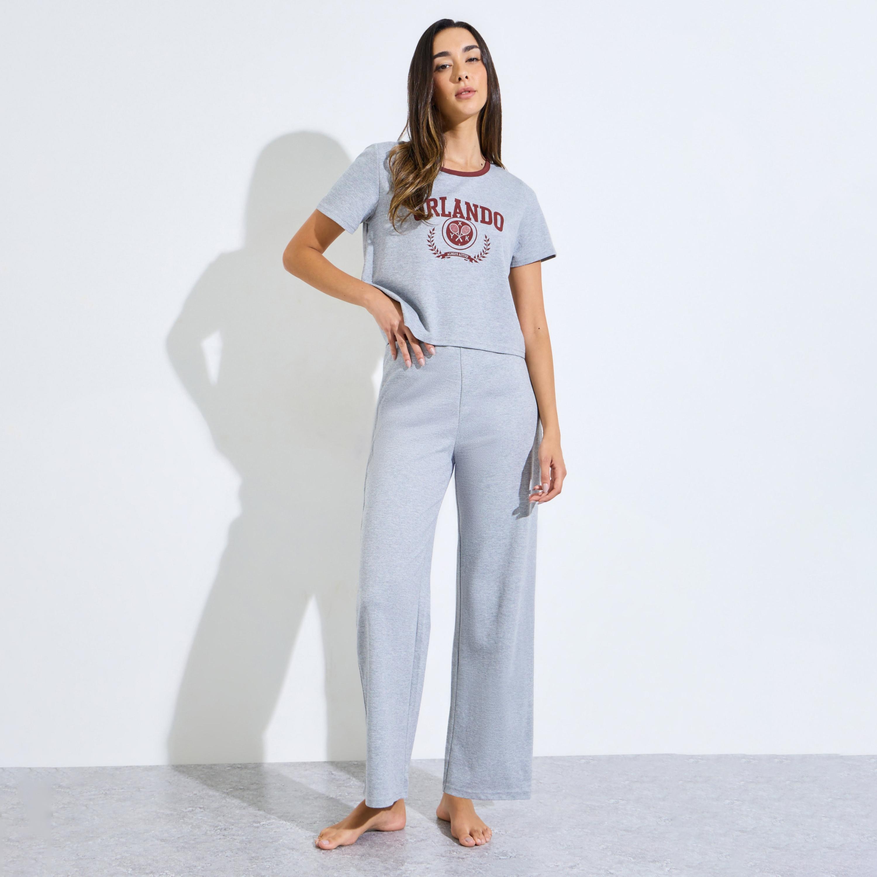 Styli Grey Graphic Print T-Shirt and Pyjama Set-women-clothing-nightwear-pyjamas-longsets-image-1