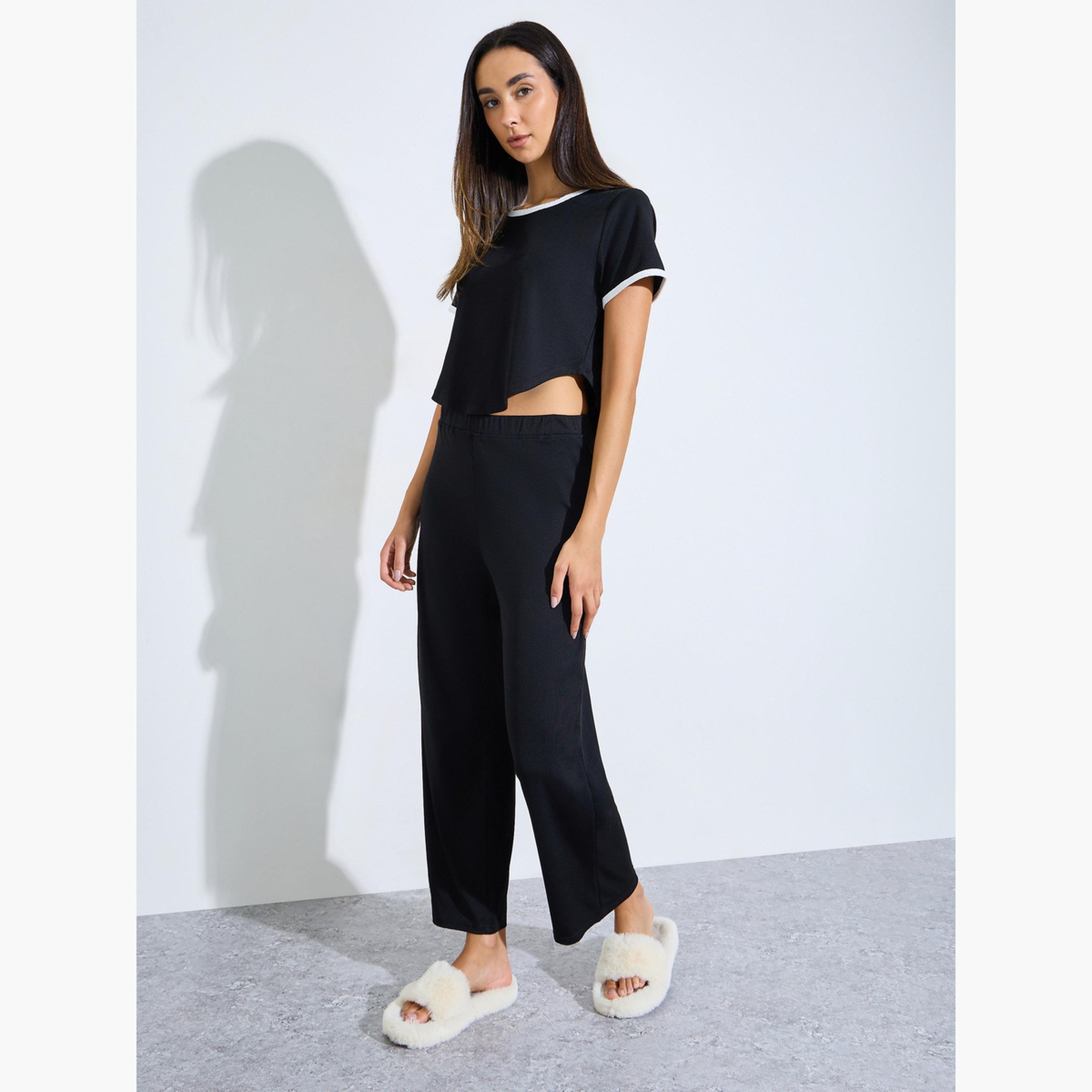 Styli Black Crop Ringer T-Shirt and Pyjama Set-women-clothing-nightwear-pyjamas-longsets-image-1