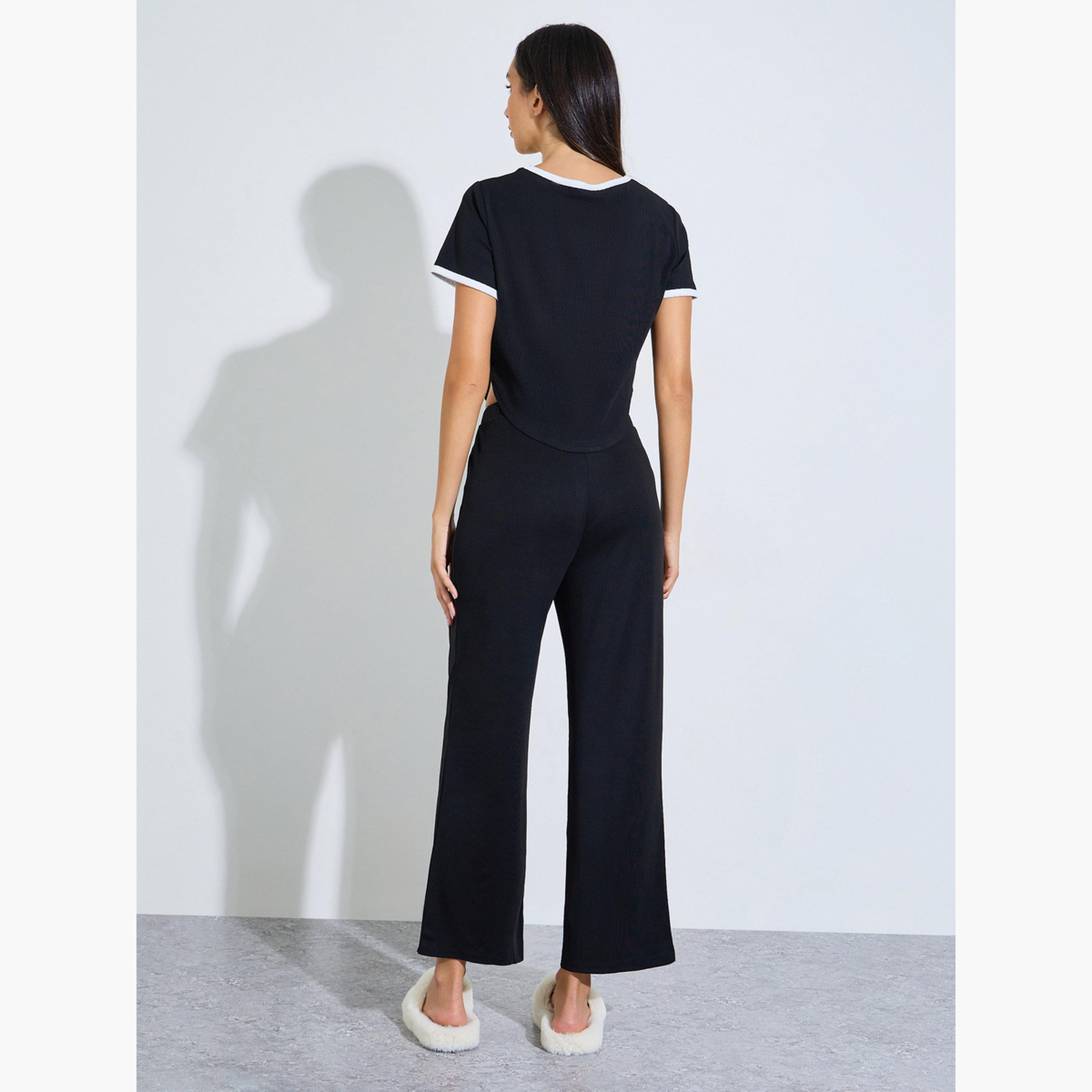 Styli Black Crop Ringer T-Shirt and Pyjama Set-women-clothing-nightwear-pyjamas-longsets-image-3
