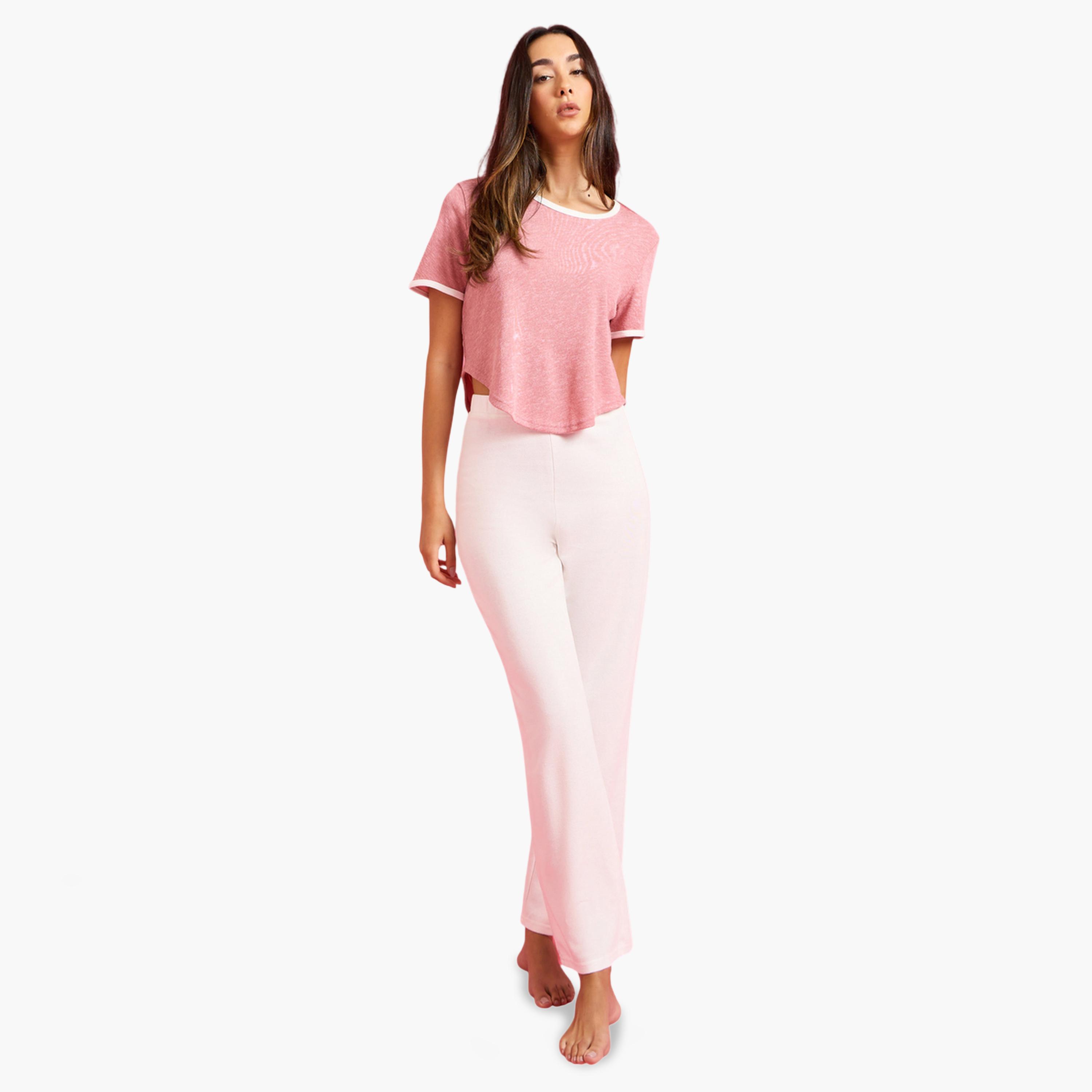 Styli Pink Crop Ringer T-Shirt and Pyjama Set-women-clothing-nightwear-pyjamas-longsets-image-1