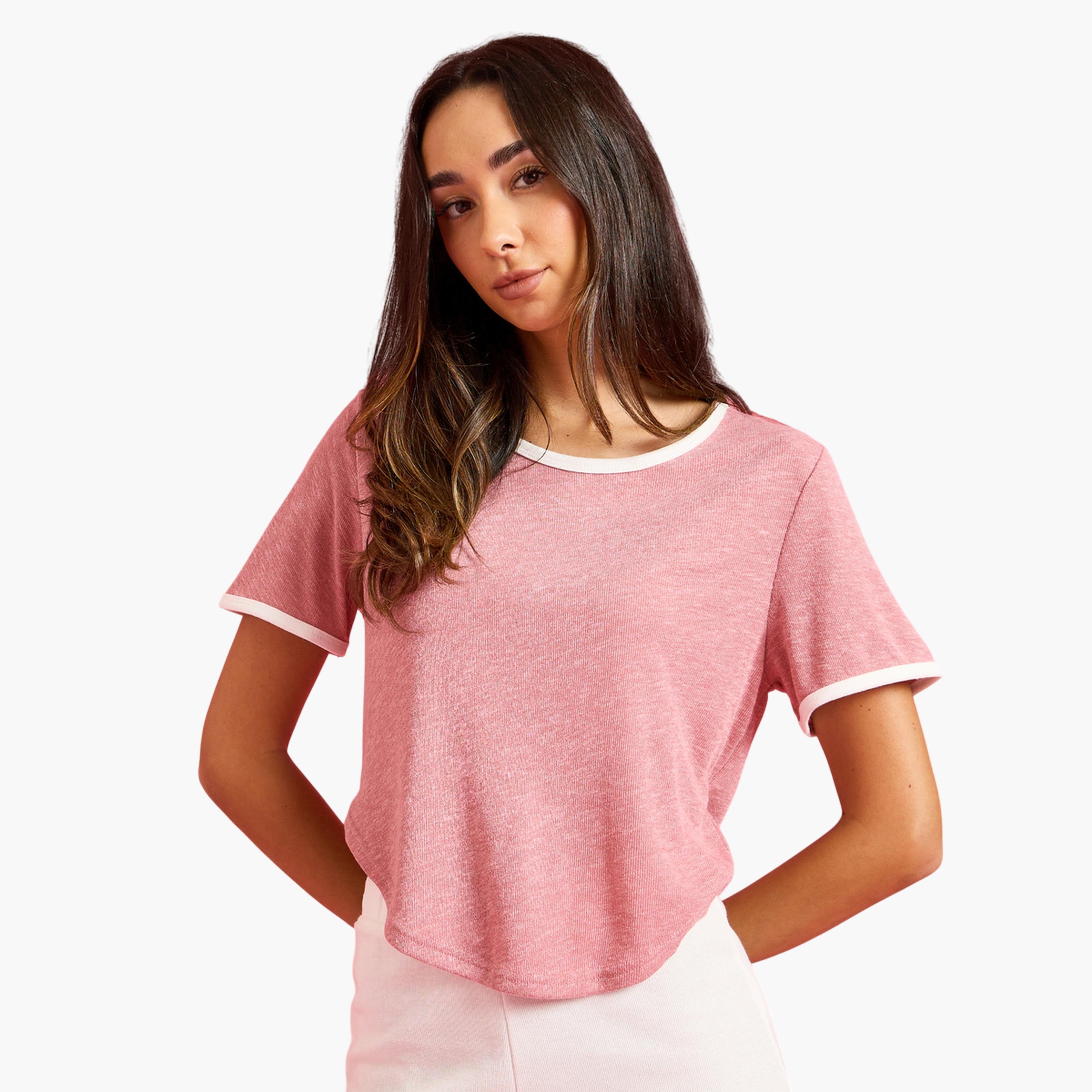 Styli Pink Crop Ringer T-Shirt and Pyjama Set-women-clothing-nightwear-pyjamas-longsets-image-2