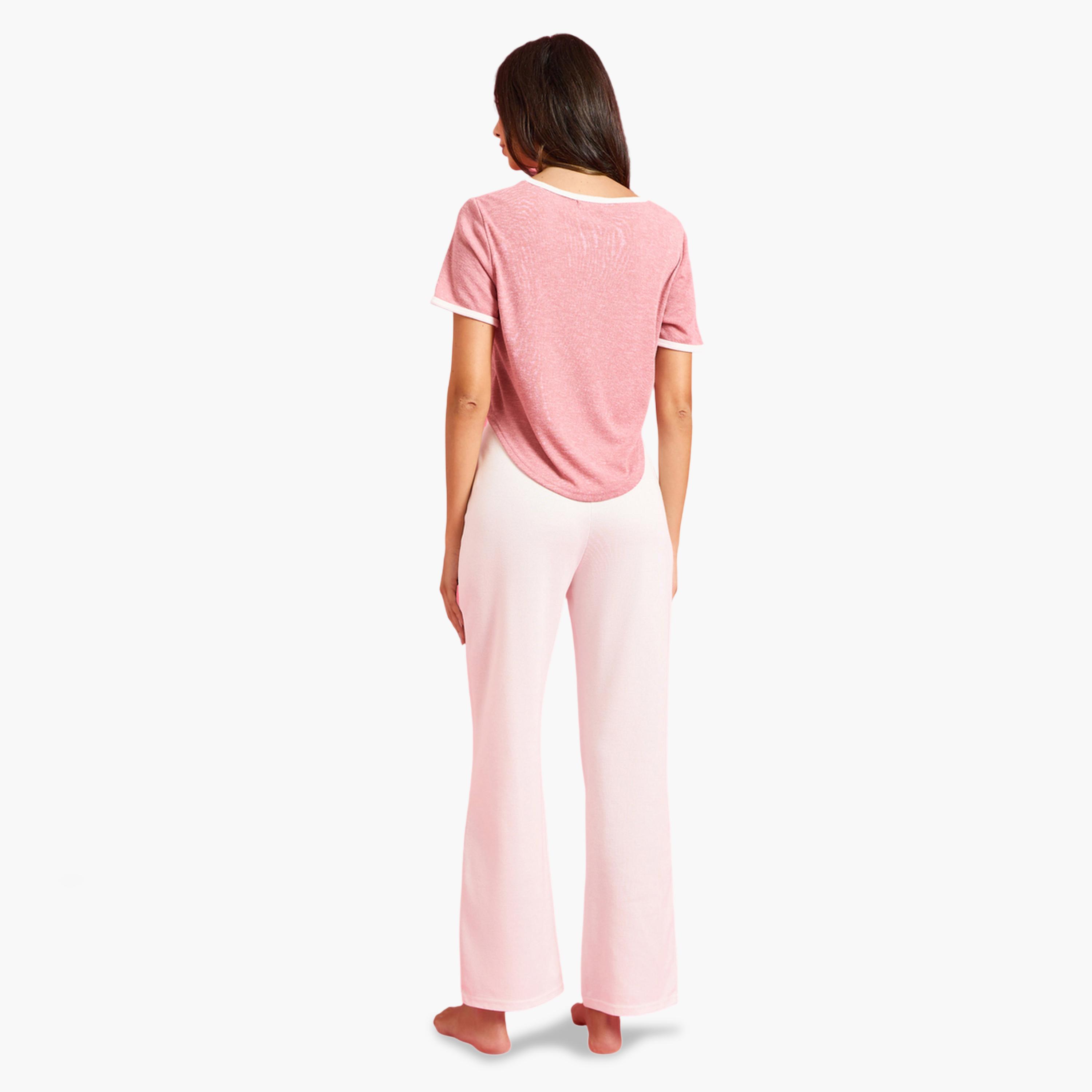 Styli Pink Crop Ringer T-Shirt and Pyjama Set-women-clothing-nightwear-pyjamas-longsets-image-3