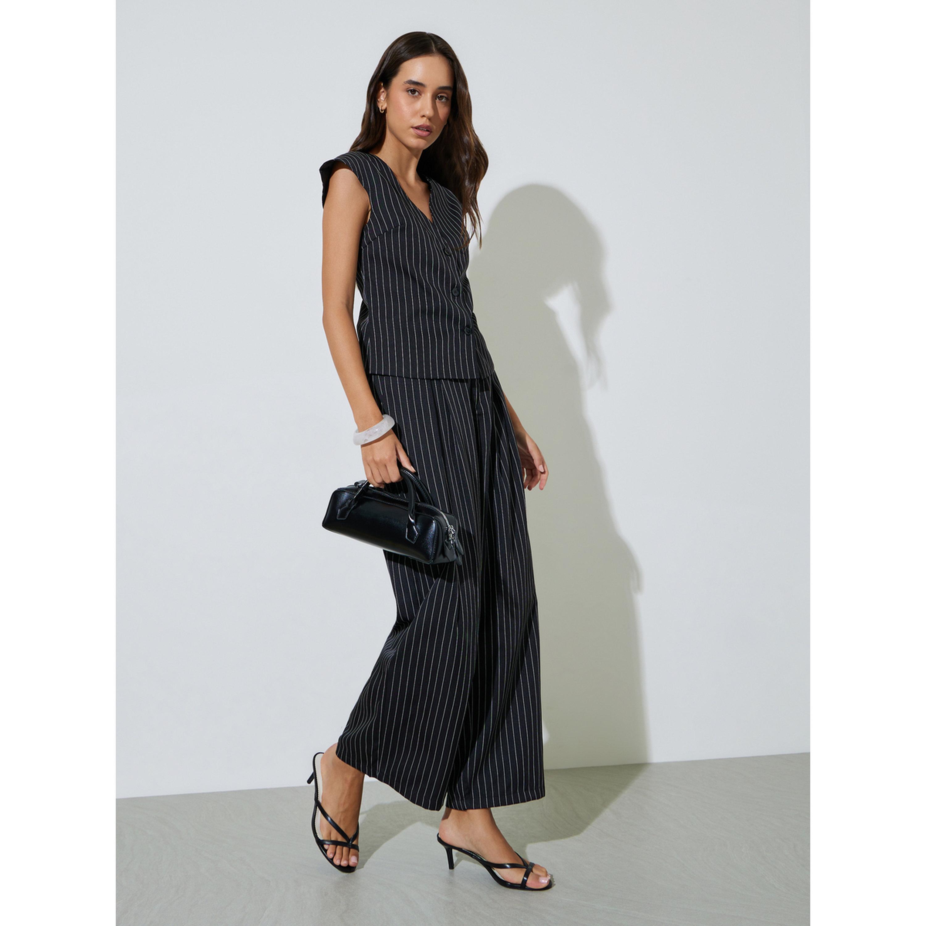 Take Two Black Pinstripe Waistcoat and Wide-Leg Co-Ord Set-women-clothing-coordsets-image-1