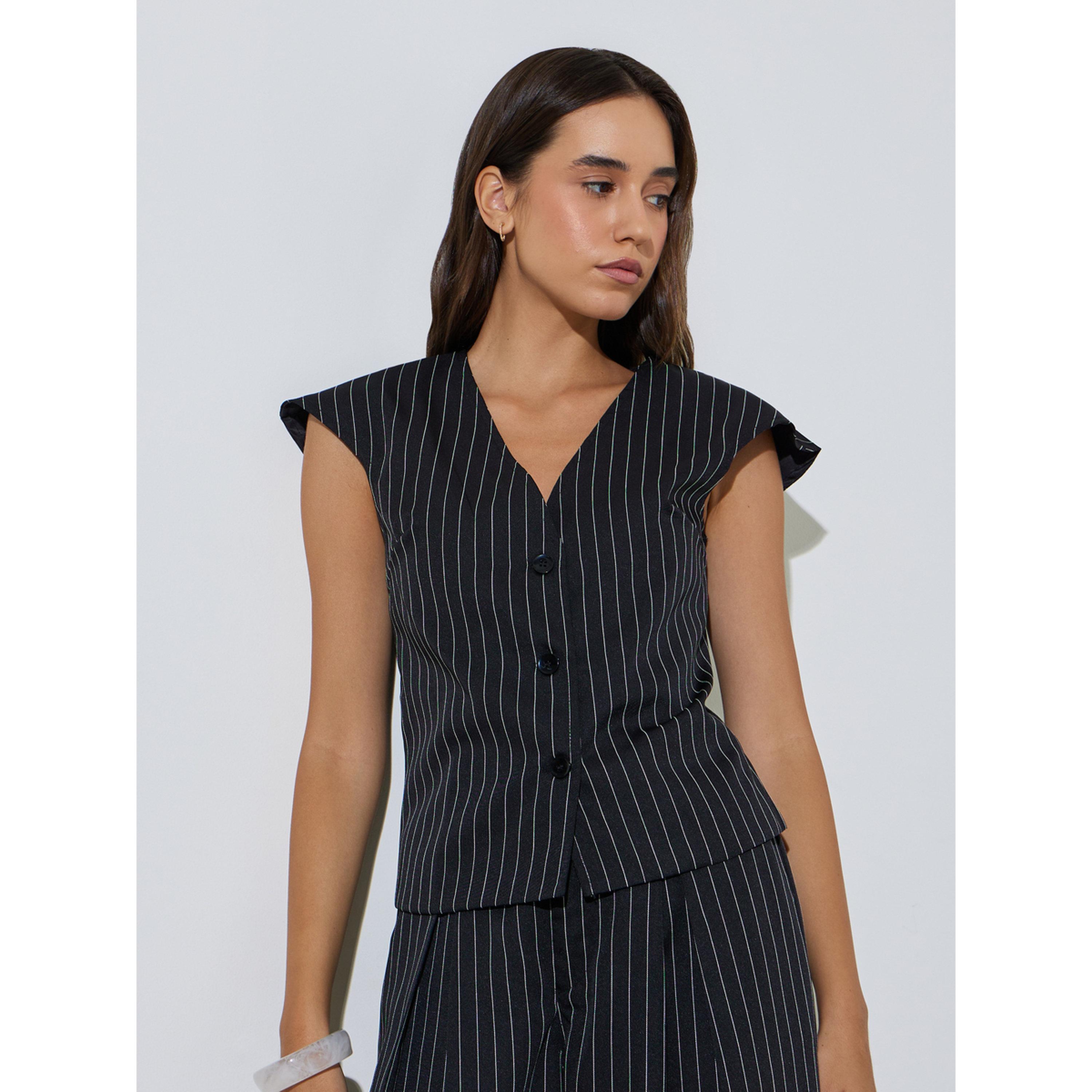طقم منسق من صديرية وبنطال بأرجل واسعة ومخطط باللون الأسود-women-clothing-coordsets-image-3
