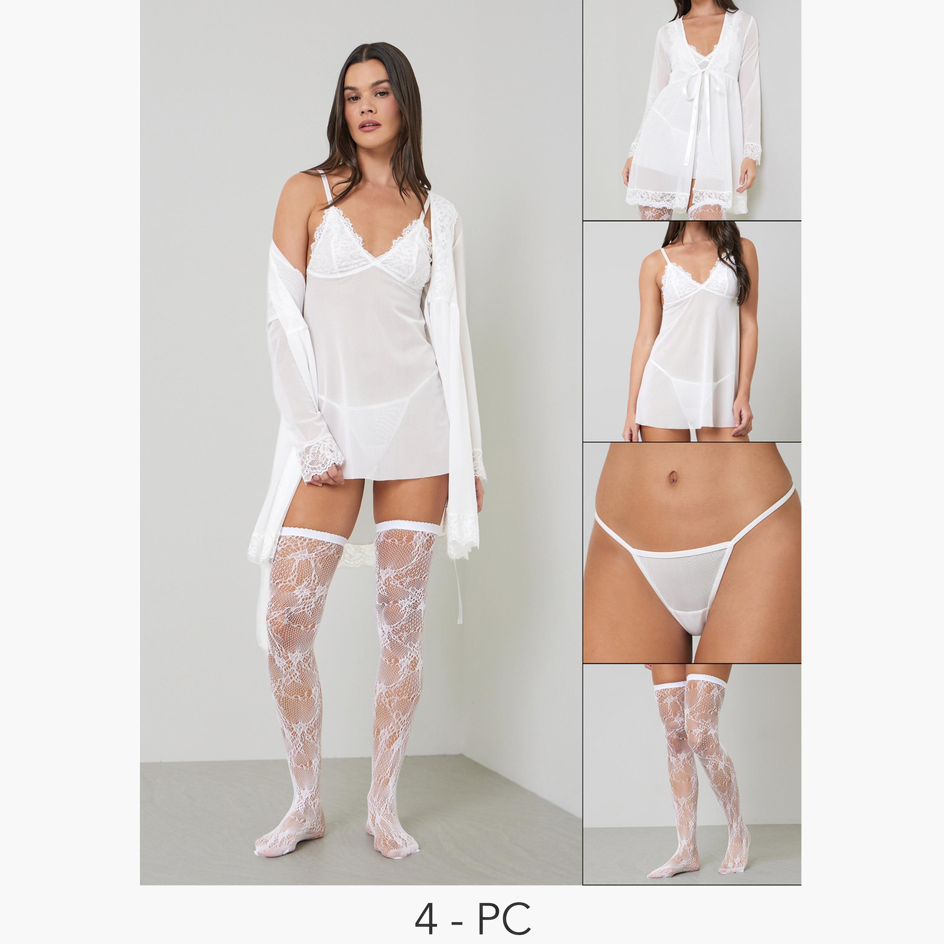 Styli Pack of 4 - Lace Detail Babydoll, Robe, Brief and Stockings Set-women-clothing-lingerie-lingeriesets-image-1