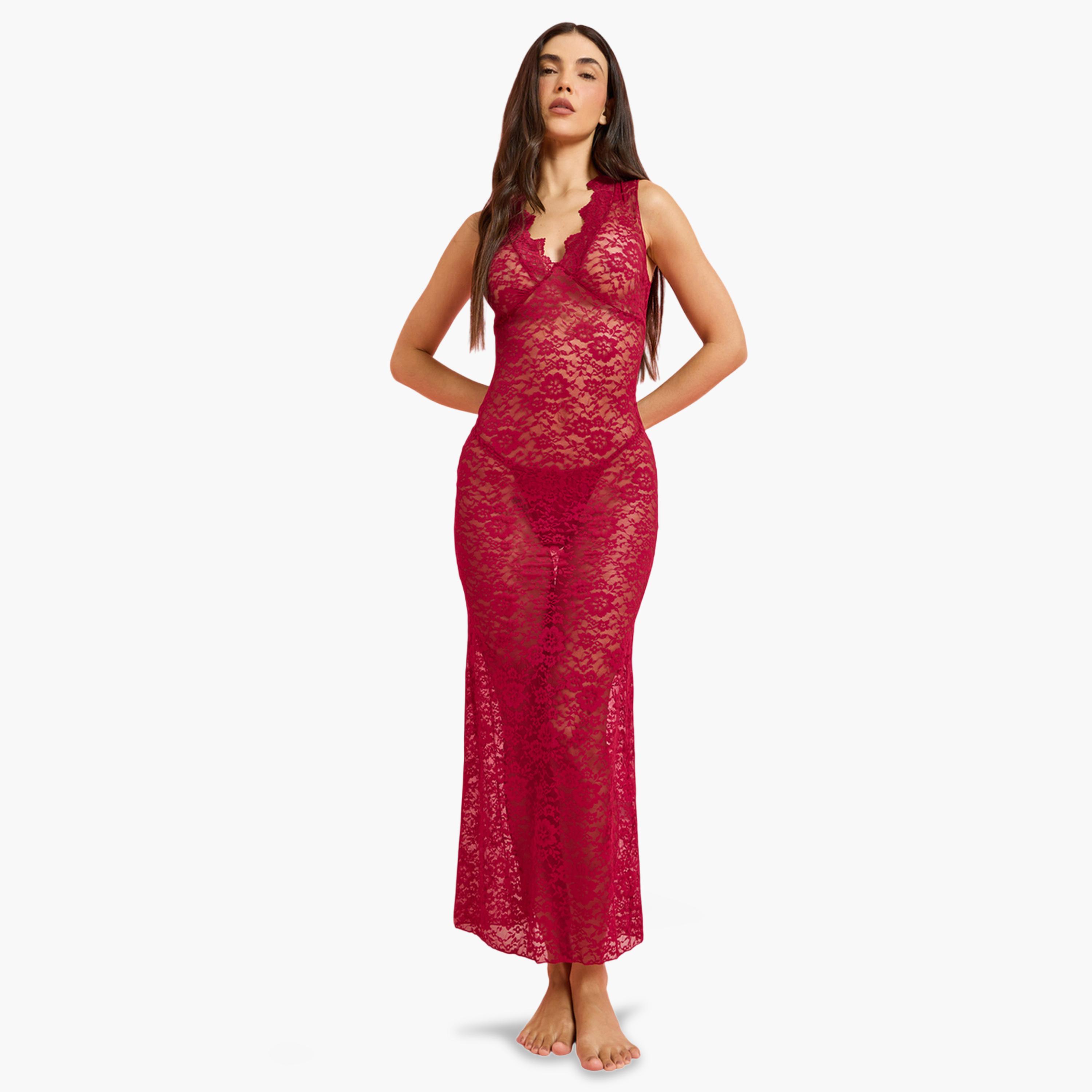 Styli Burgundy V Neck Lace Fitted Slip with Brief-women-clothing-lingerie-babydollsandbodysuits-image-1