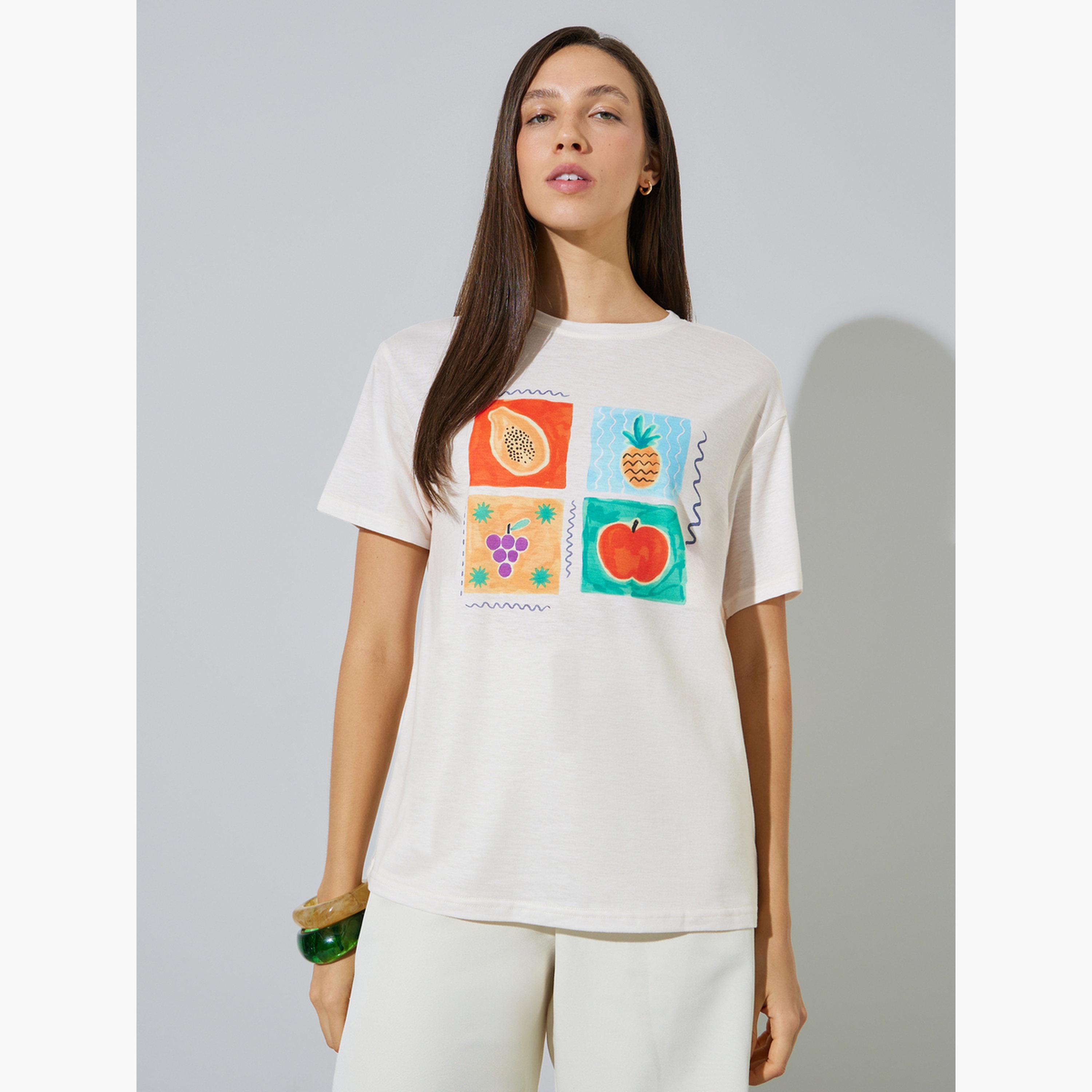 Styli Cream Relaxed Fit Graphic Fruit Print T-Shirt-women-clothing-tshirts-image-1
