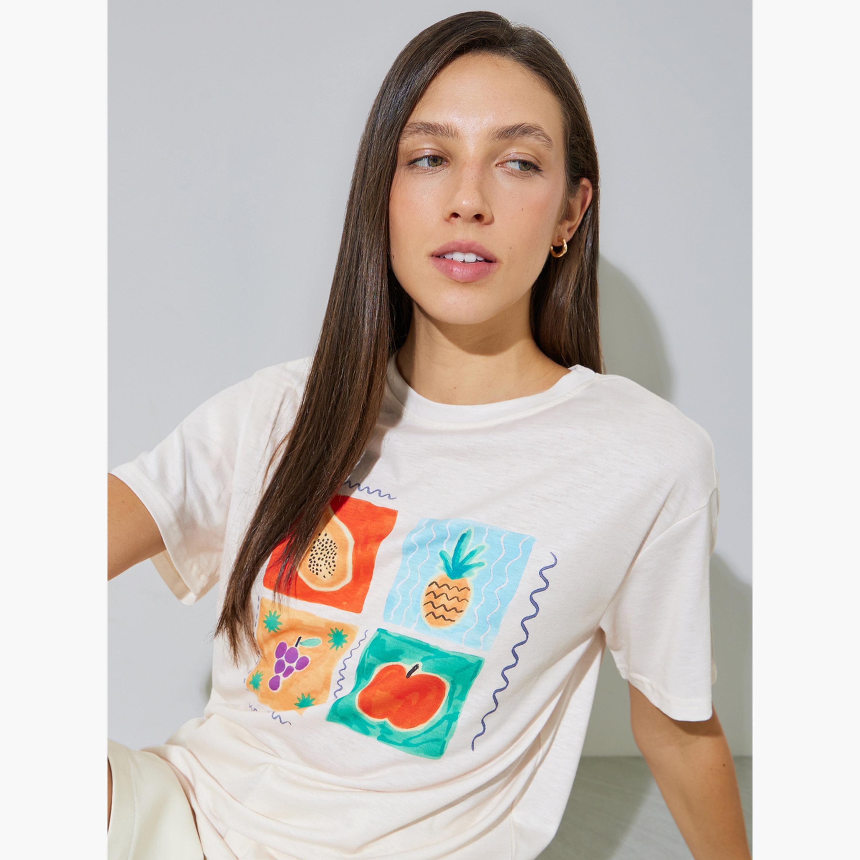 Styli Cream Relaxed Fit Graphic Fruit Print T-Shirt-women-clothing-tshirts-image-3