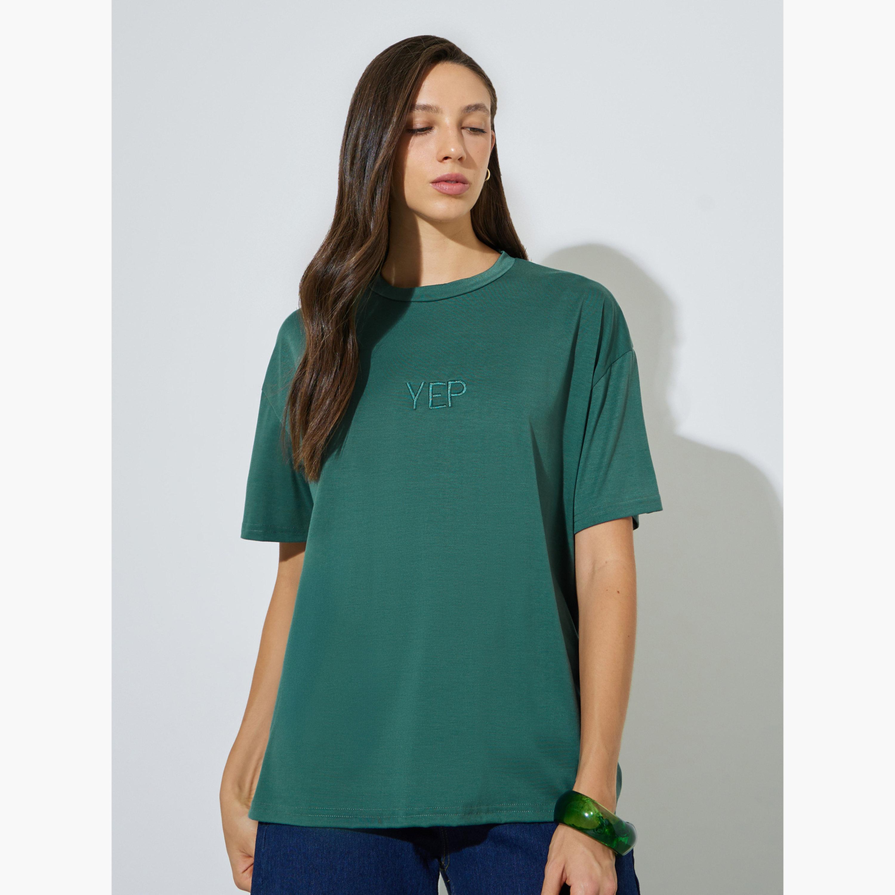 ستايلي - تيشيرت أخضر واسع برقبة دائرية-women-clothing-tshirts-image-1