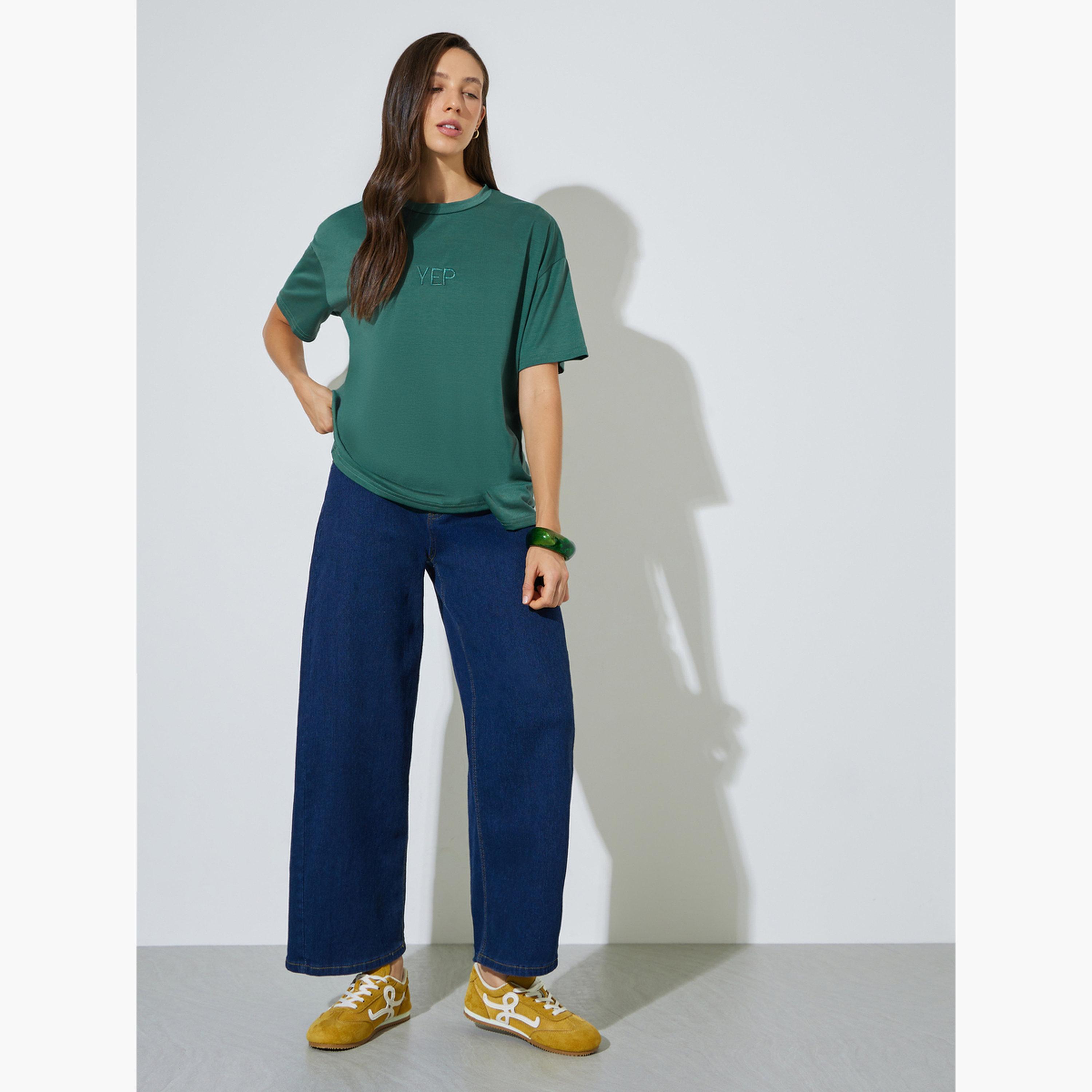 ستايلي - تيشيرت أخضر واسع برقبة دائرية-women-clothing-tshirts-image-2