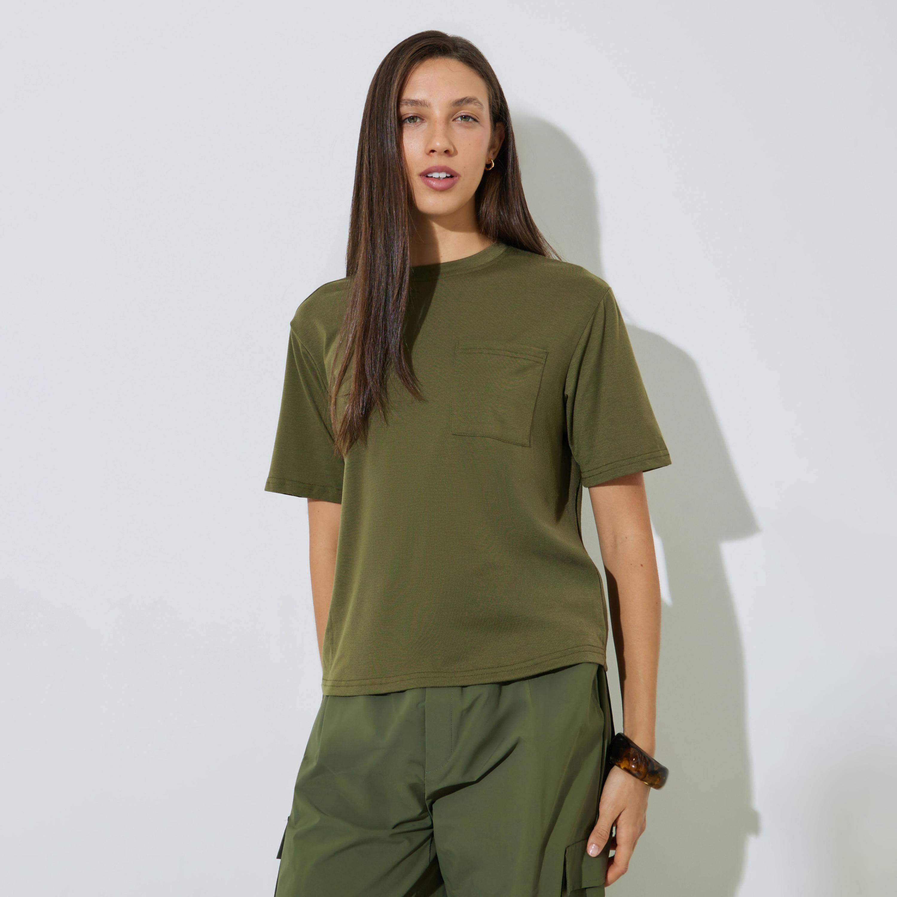 Styli Olive Plain Round Neck T-Shirt with Pocket-women-clothing-tshirts-image-1