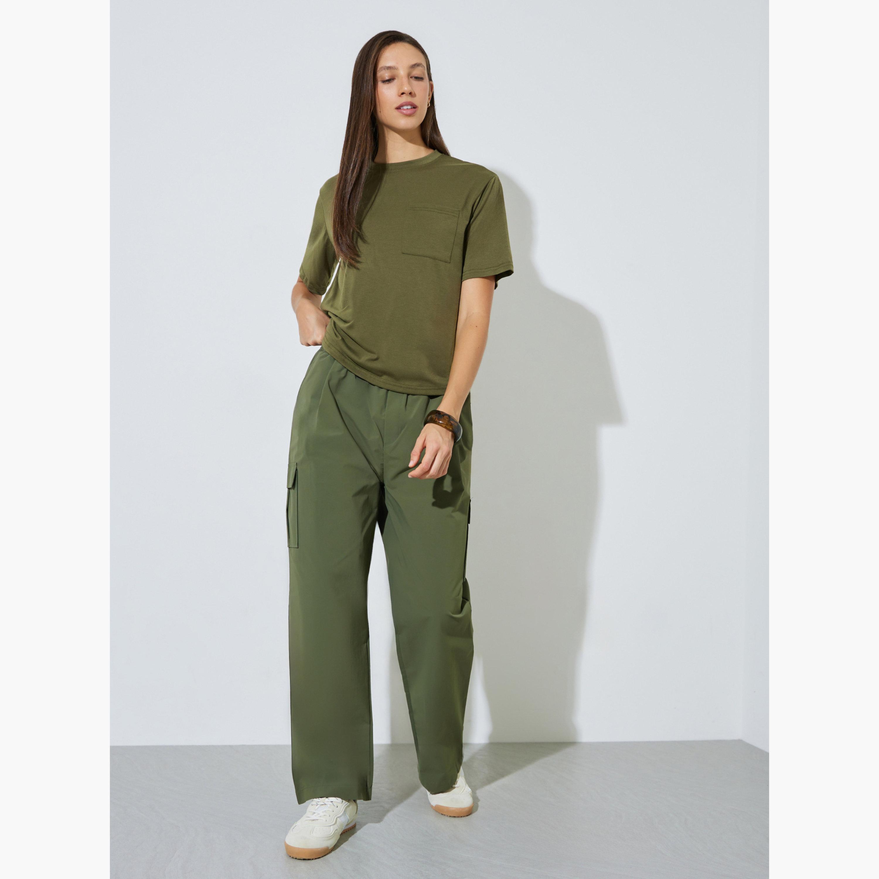 Styli Olive Plain Round Neck T-Shirt with Pocket-women-clothing-tshirts-image-2