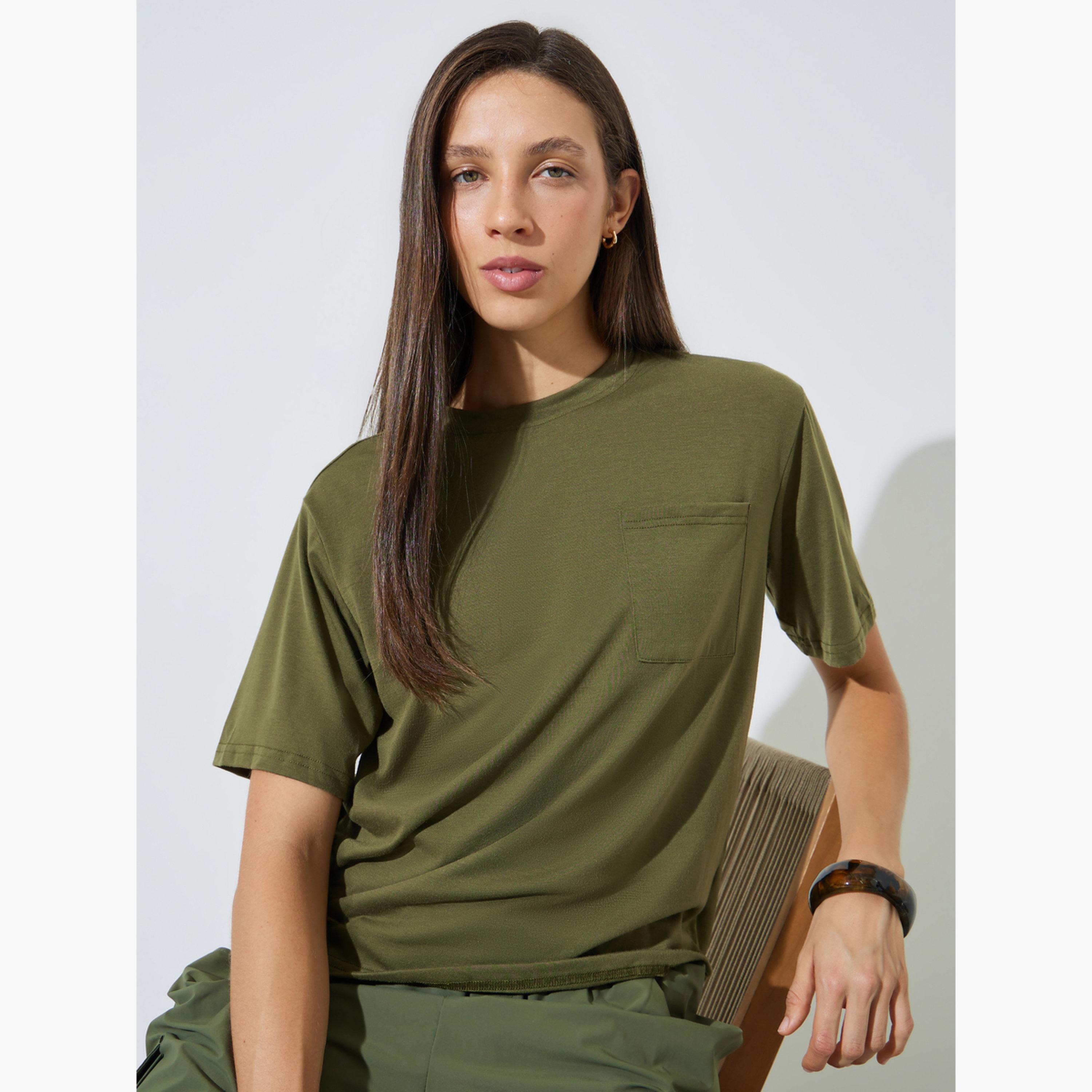 Styli Olive Plain Round Neck T-Shirt with Pocket-women-clothing-tshirts-image-3