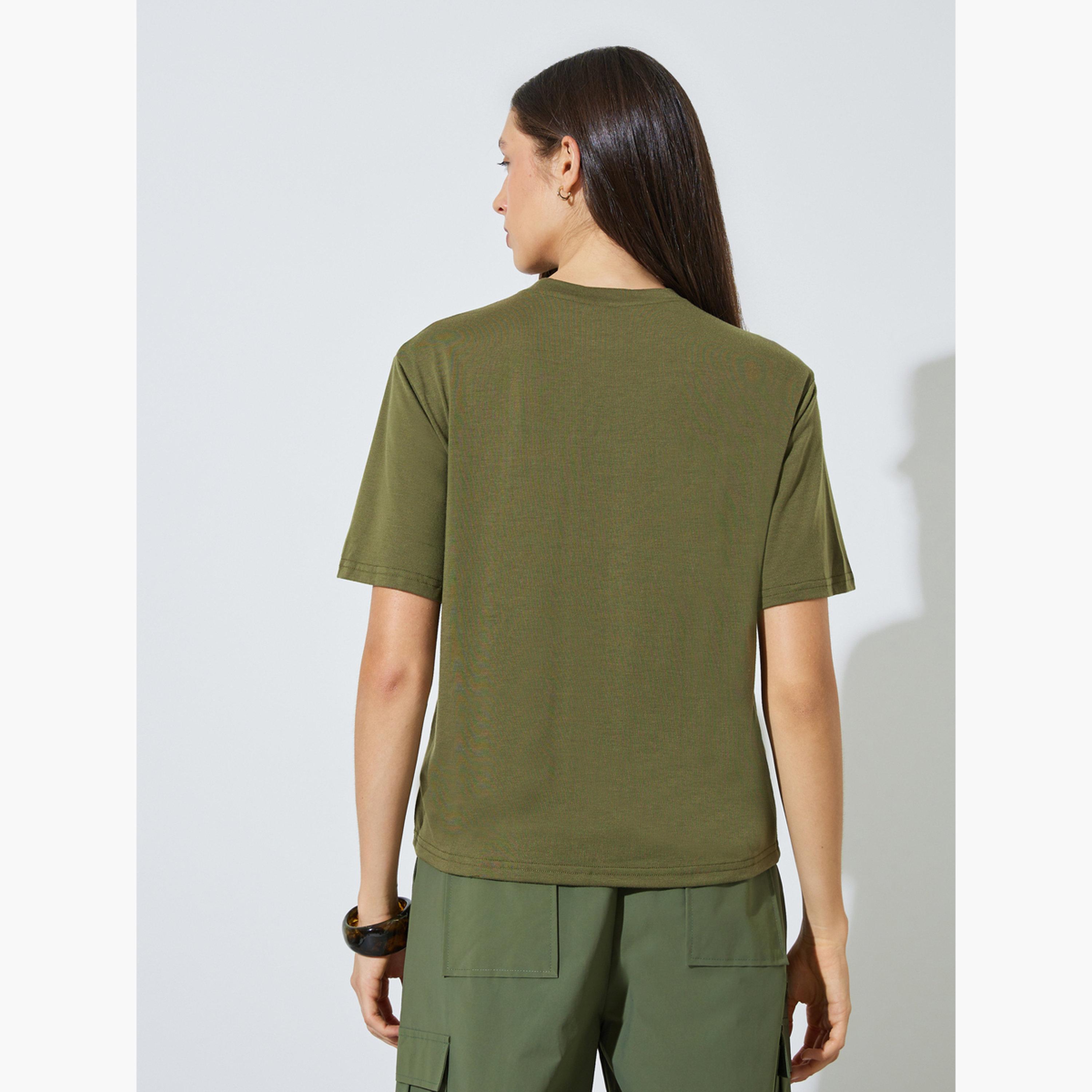 Styli Olive Plain Round Neck T-Shirt with Pocket-women-clothing-tshirts-image-4