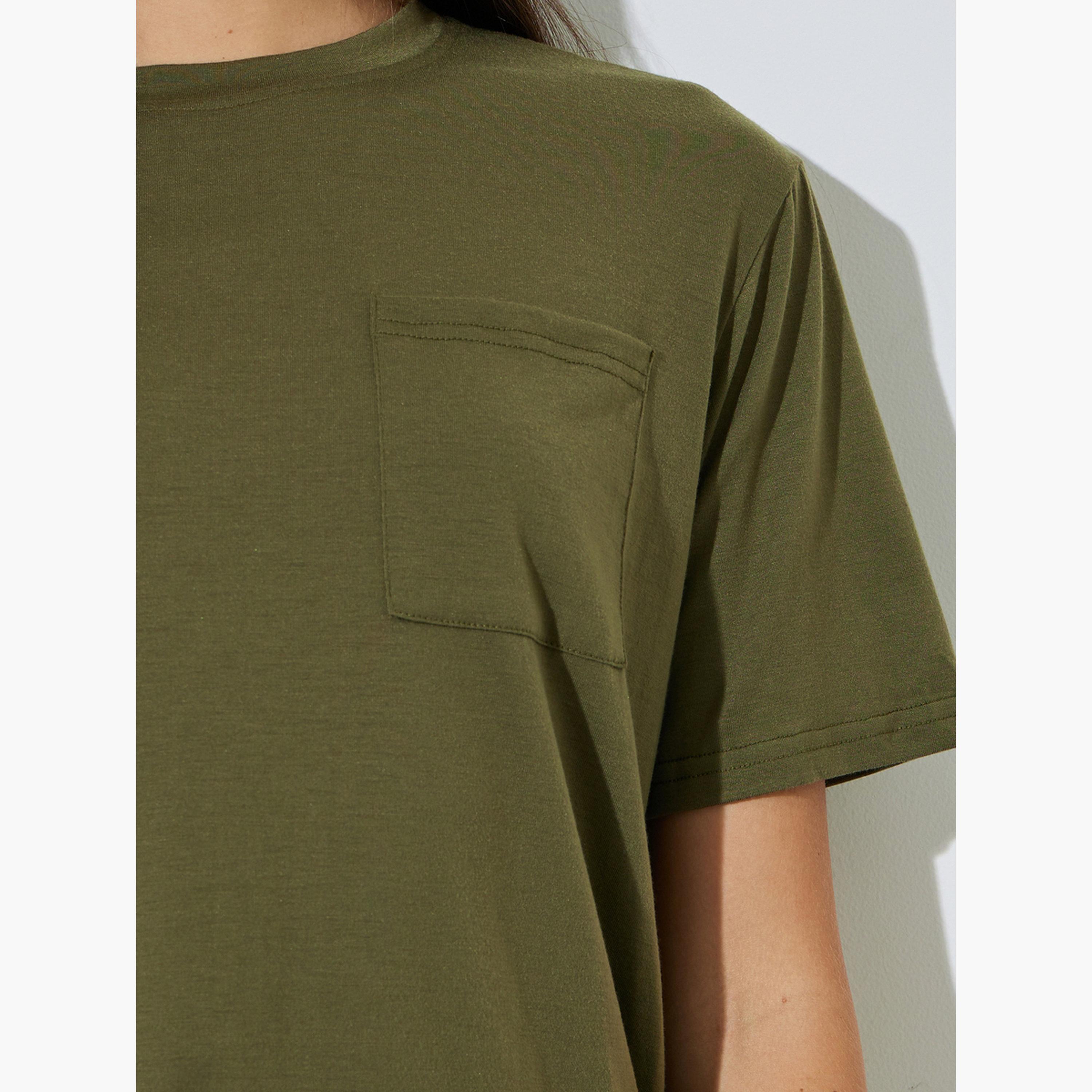 Styli Olive Plain Round Neck T-Shirt with Pocket-women-clothing-tshirts-image-5