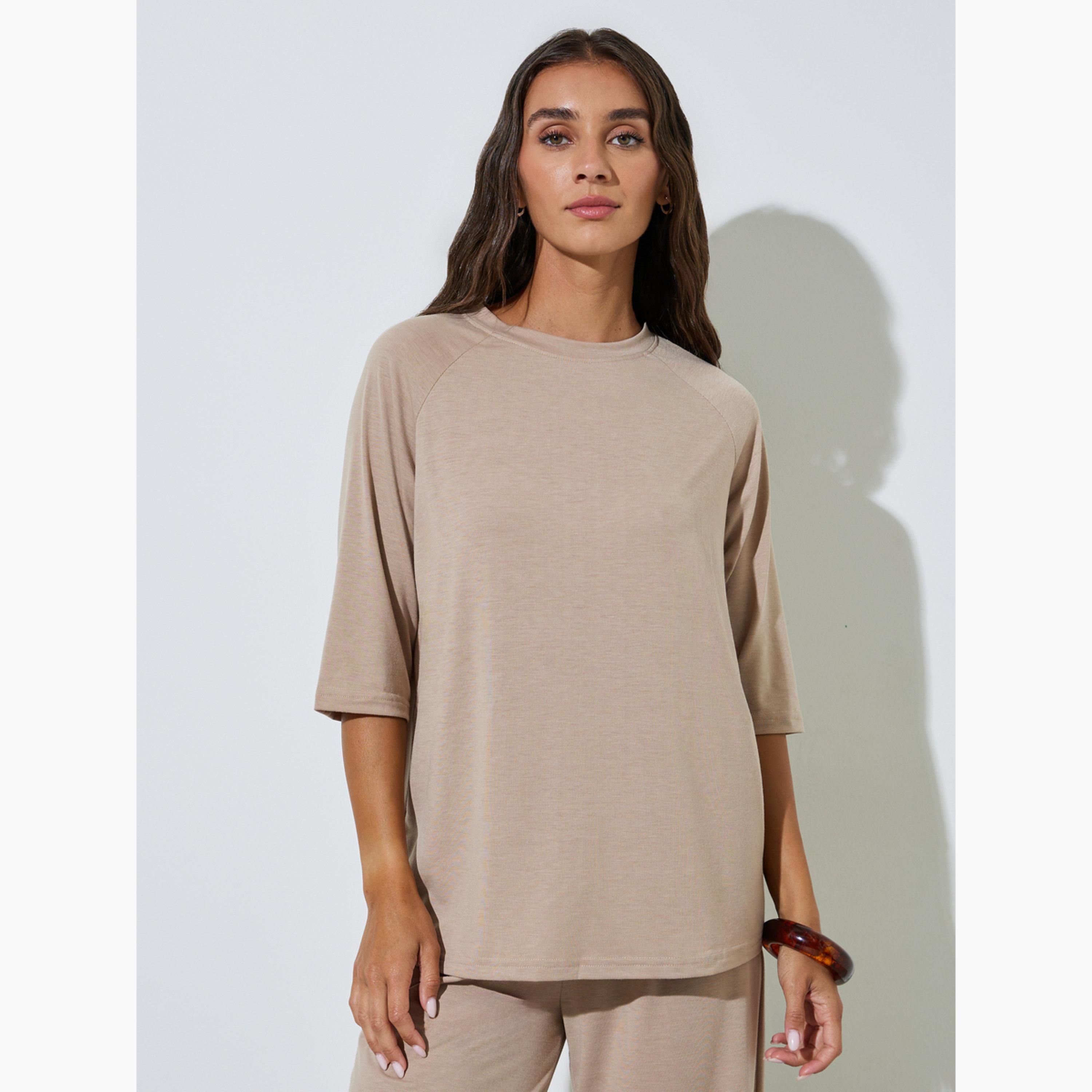 Styli Brown Solid Oversized T-Shirt and Wide Leg Pants Set-women-clothing-coordsets-image-2