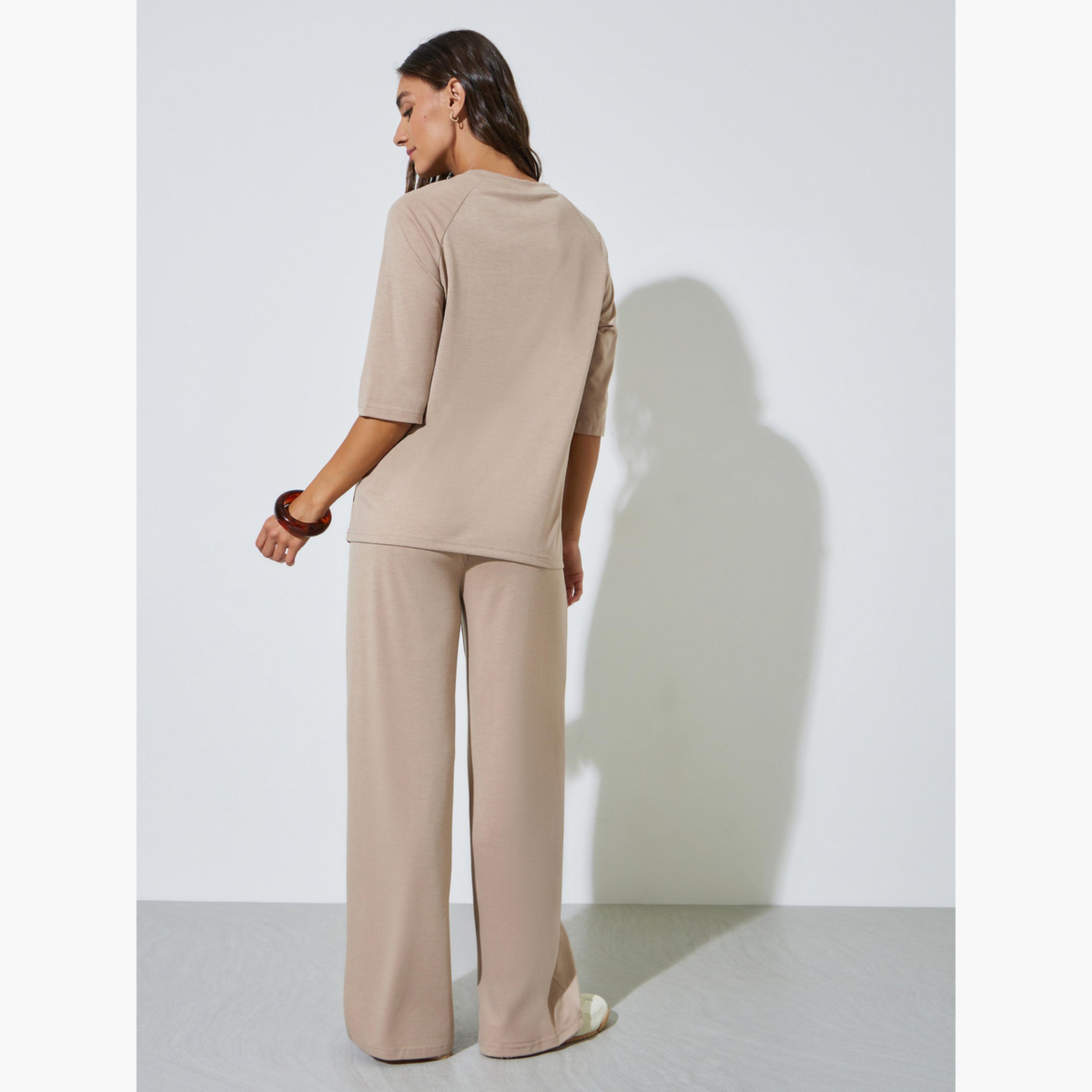 Styli Brown Solid Oversized T-Shirt and Wide Leg Pants Set-women-clothing-coordsets-image-3
