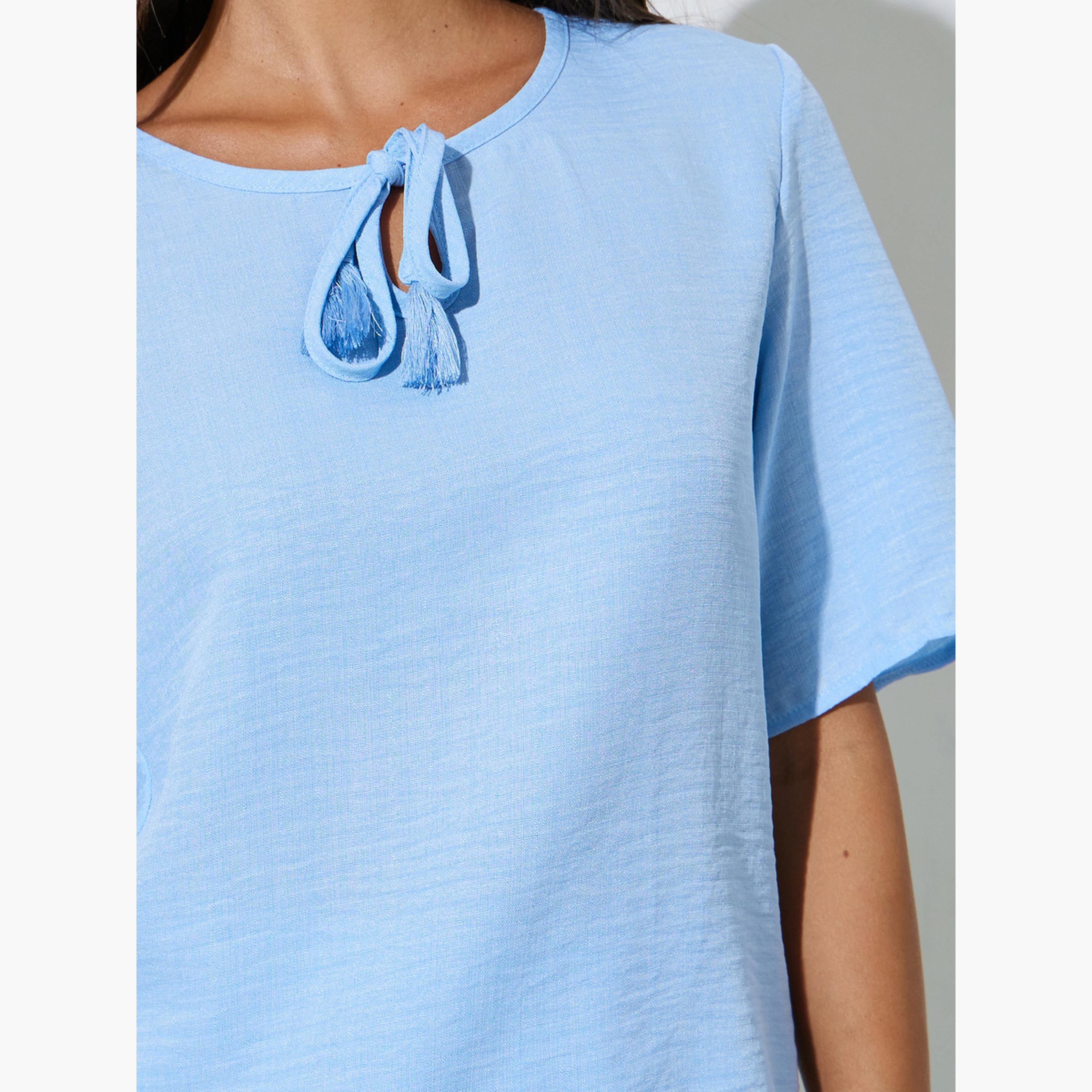 طقم منسق من بنطال بأرجل واسعة وبلوزة برباط عنق بلون سادة لون أزرق-women-clothing-coordsets-image-6