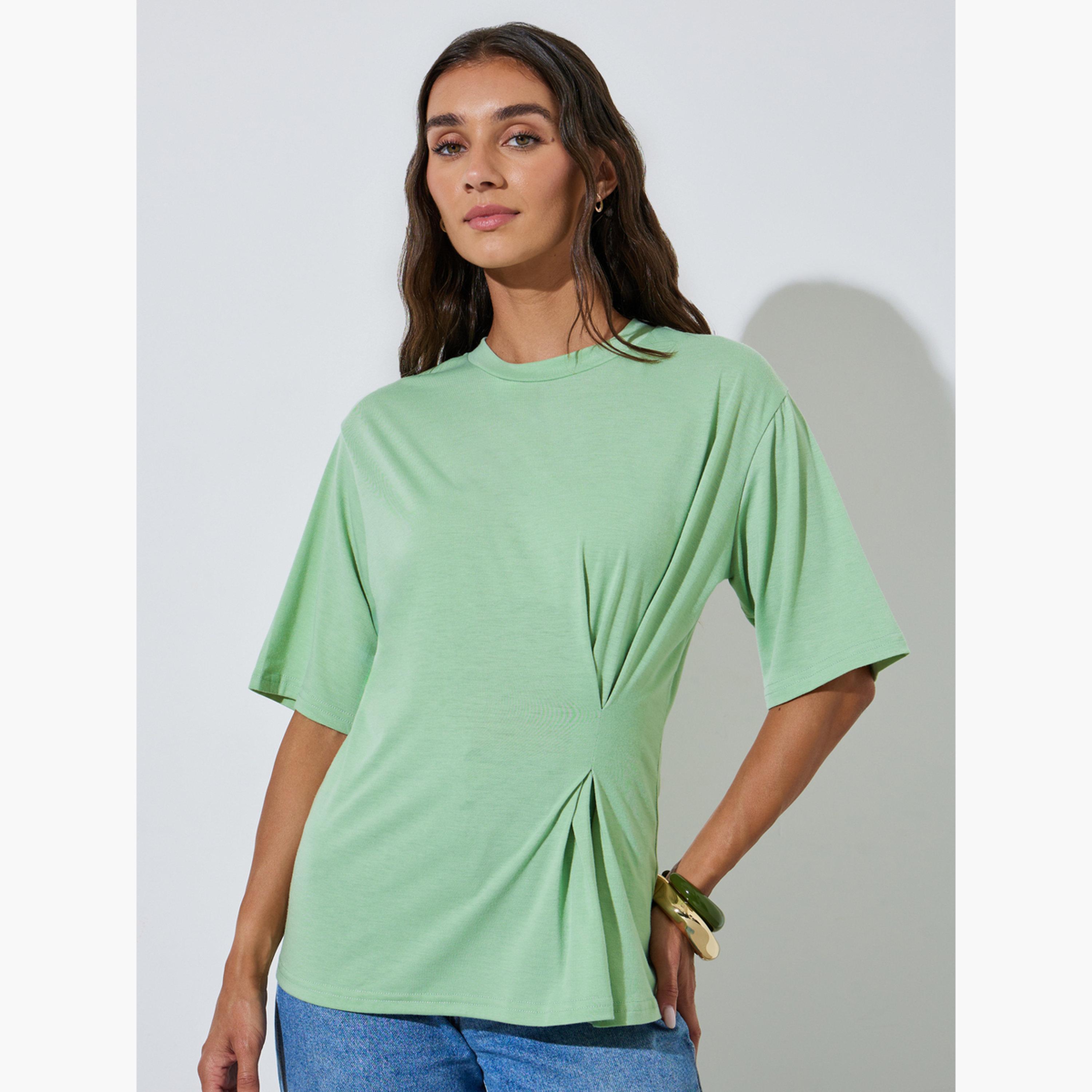 تيشيرت أخضر بكسرات وقصة عادية-women-clothing-tshirts-image-1