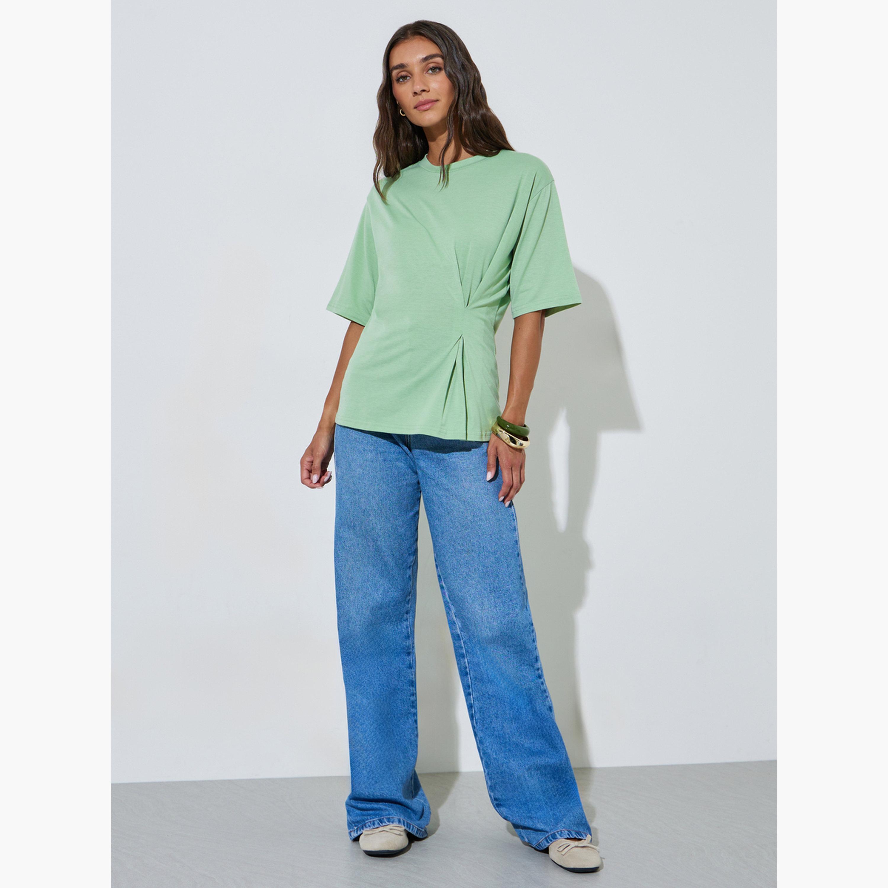 تيشيرت أخضر بكسرات وقصة عادية-women-clothing-tshirts-image-2