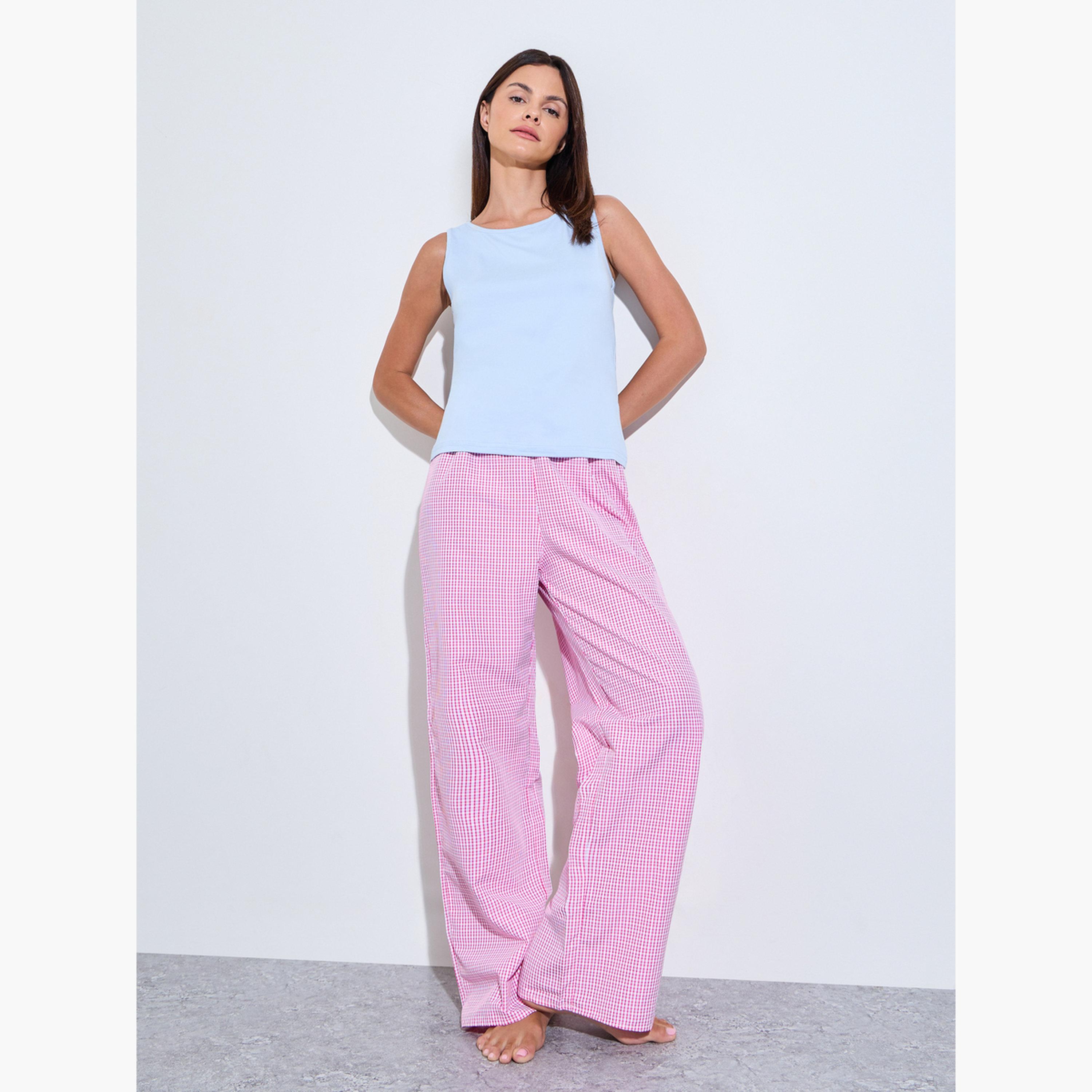 Styli Blue Solid Round Neck Tank and Checked Pyjama Set-women-clothing-nightwear-pyjamas-longsets-image-1