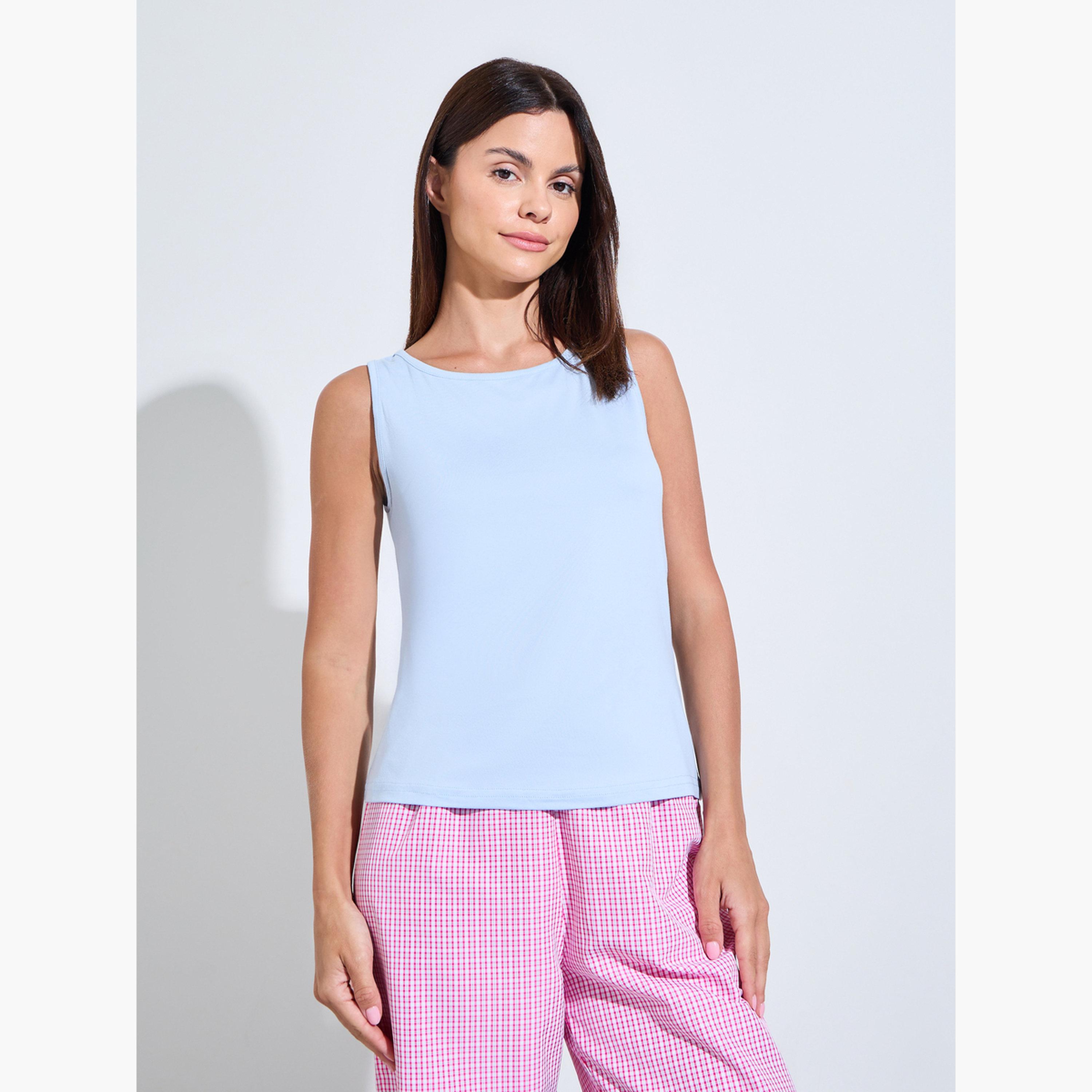 Styli Blue Solid Round Neck Tank and Checked Pyjama Set-women-clothing-nightwear-pyjamas-longsets-image-2