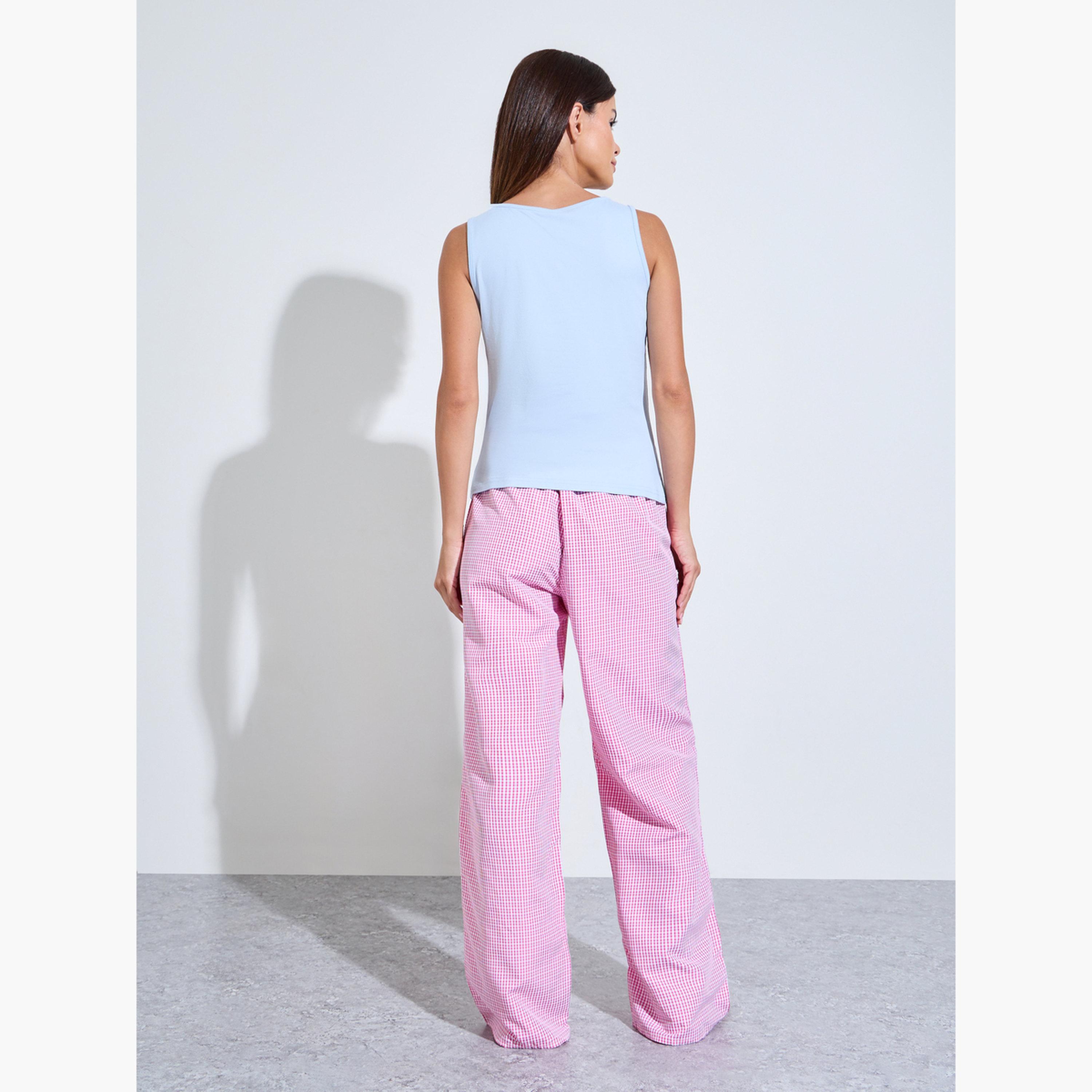 ستايلي - طقم بيجاما أزرق سادة برقبة دائرية وقميص داخلي منقوش-women-clothing-nightwear-pyjamas-longsets-image-3