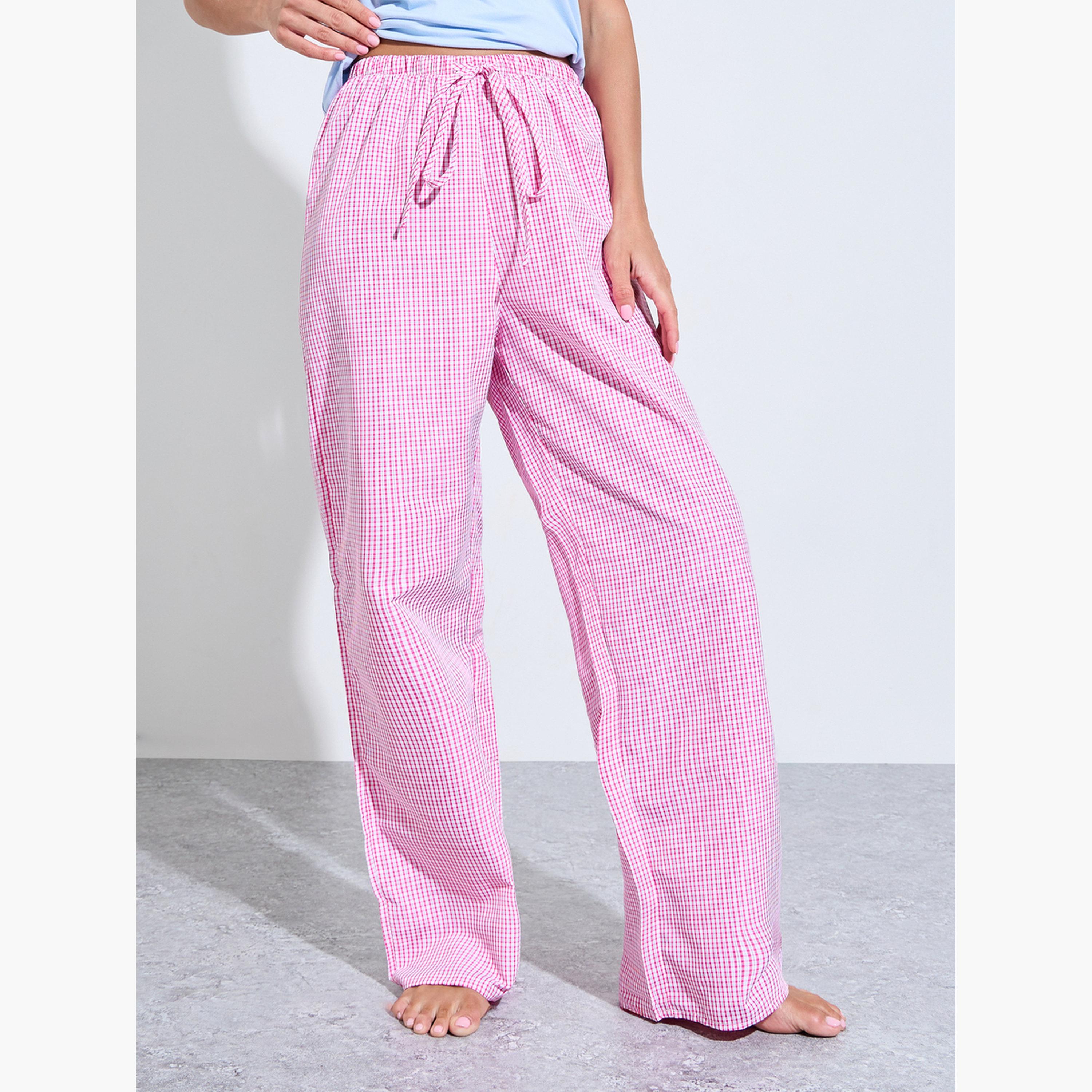 Styli Blue Solid Round Neck Tank and Checked Pyjama Set-women-clothing-nightwear-pyjamas-longsets-image-4