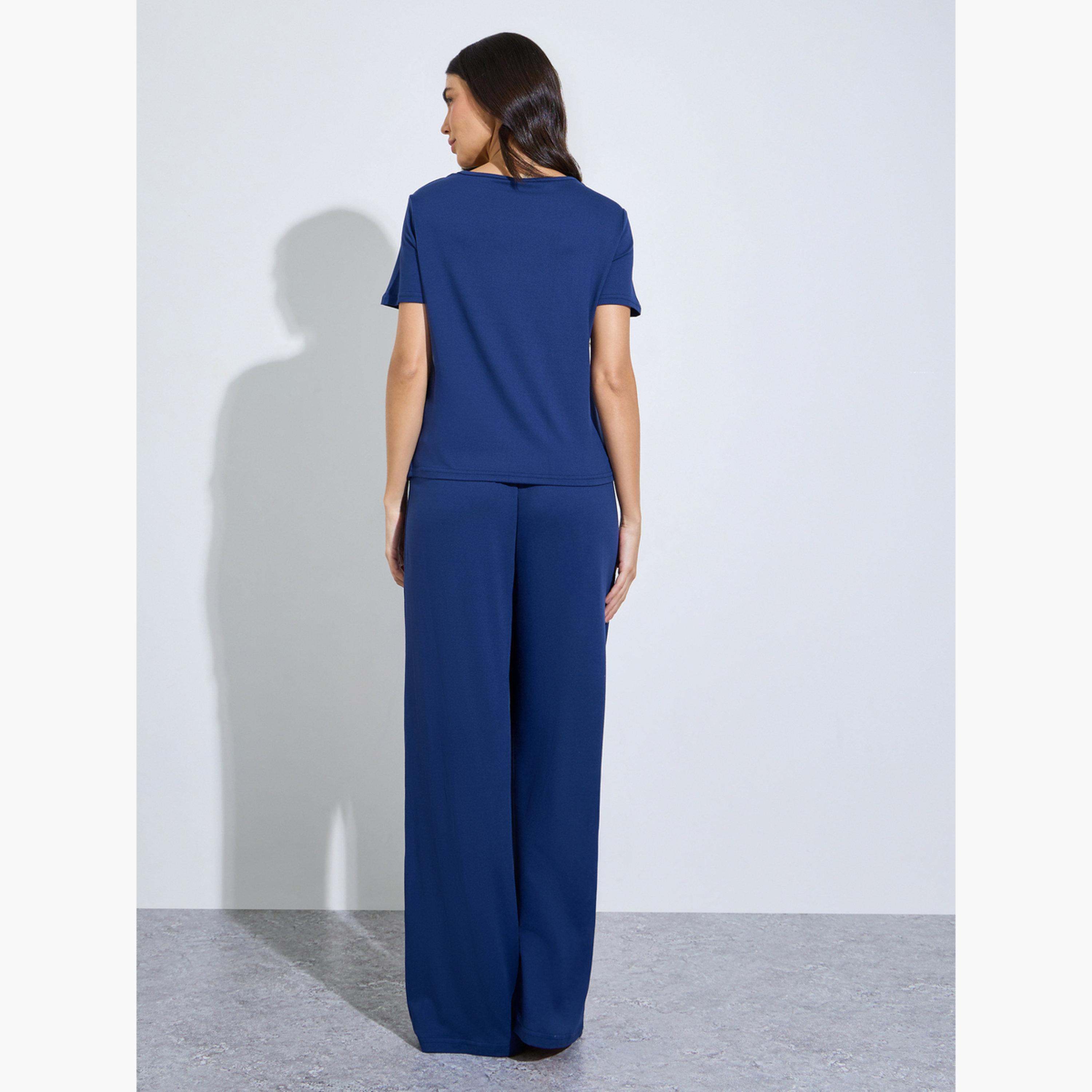 Styli Navy Blue Henley T-Shirt and Straight Pajama Set-women-clothing-nightwear-pyjamas-longsets-image-3