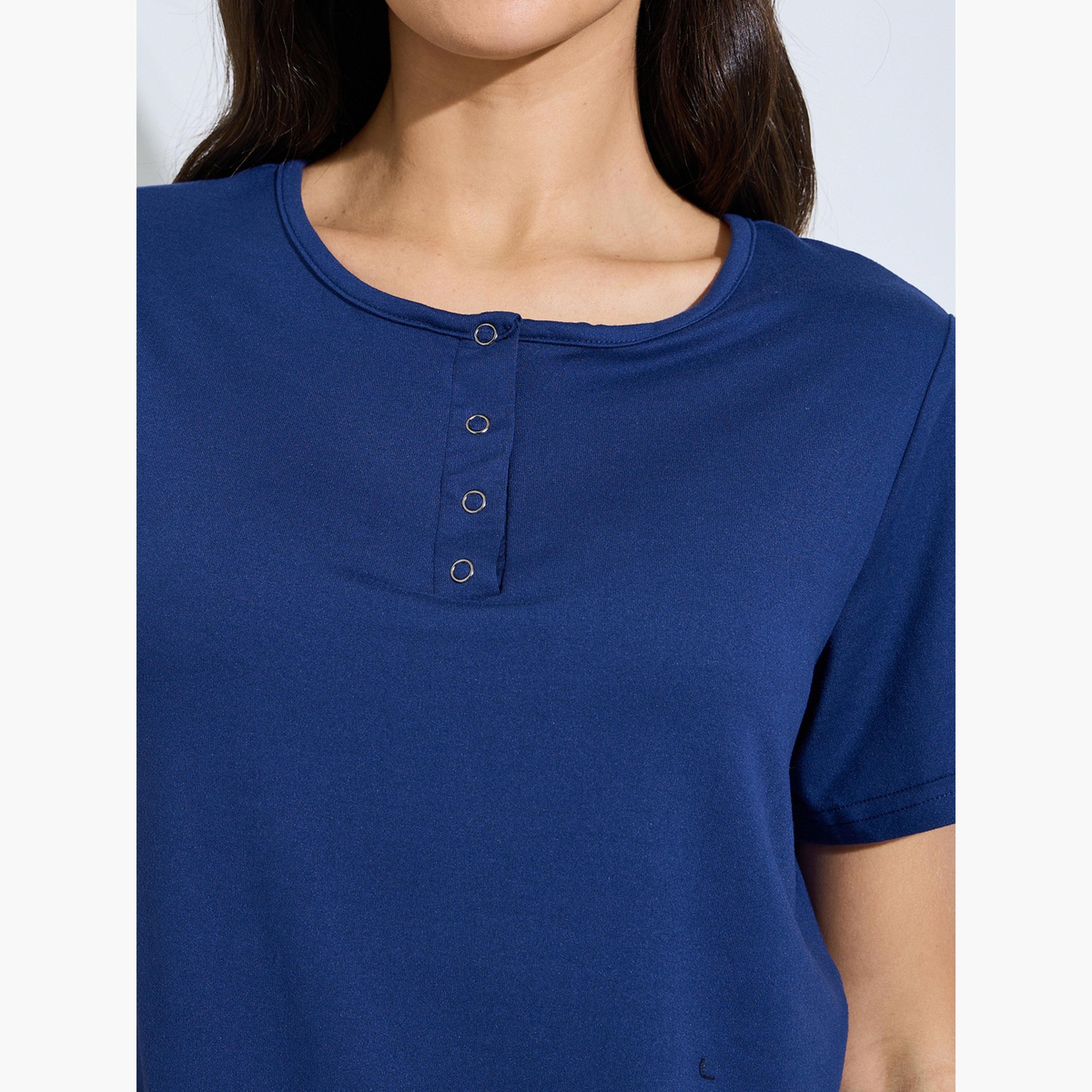 Styli Navy Blue Henley T-Shirt and Straight Pajama Set-women-clothing-nightwear-pyjamas-longsets-image-5