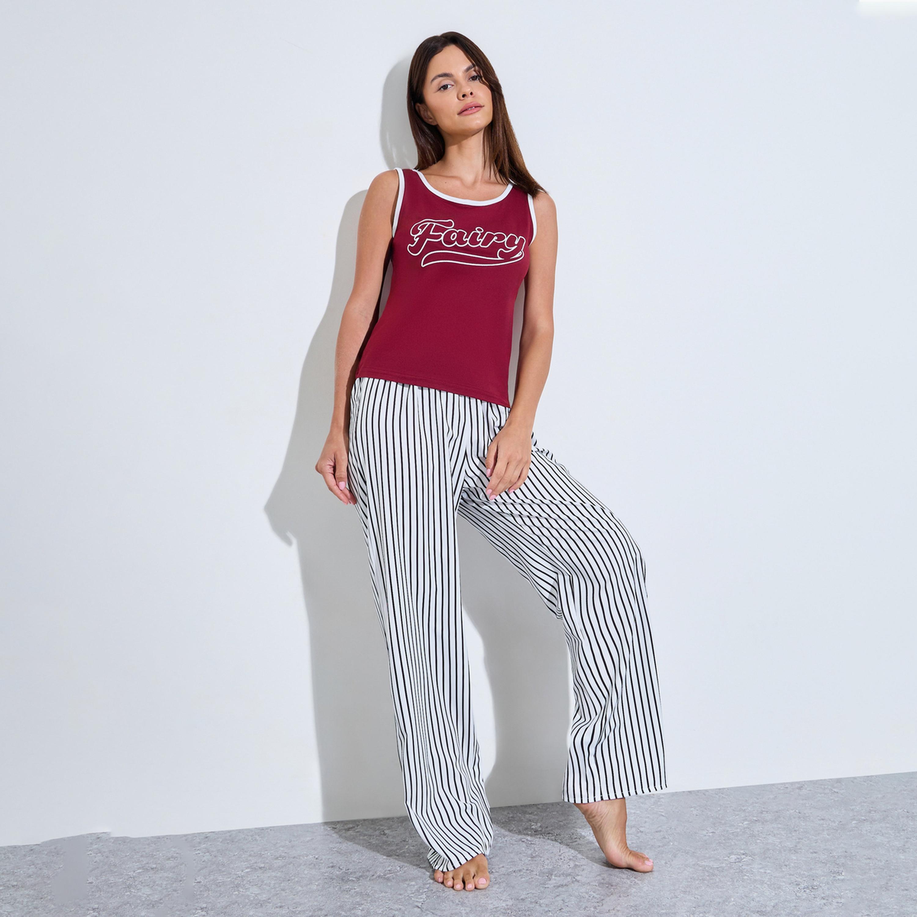 Styli Red Printed Tank and Striped Pyjama Set-women-clothing-nightwear-pyjamas-longsets-image-1