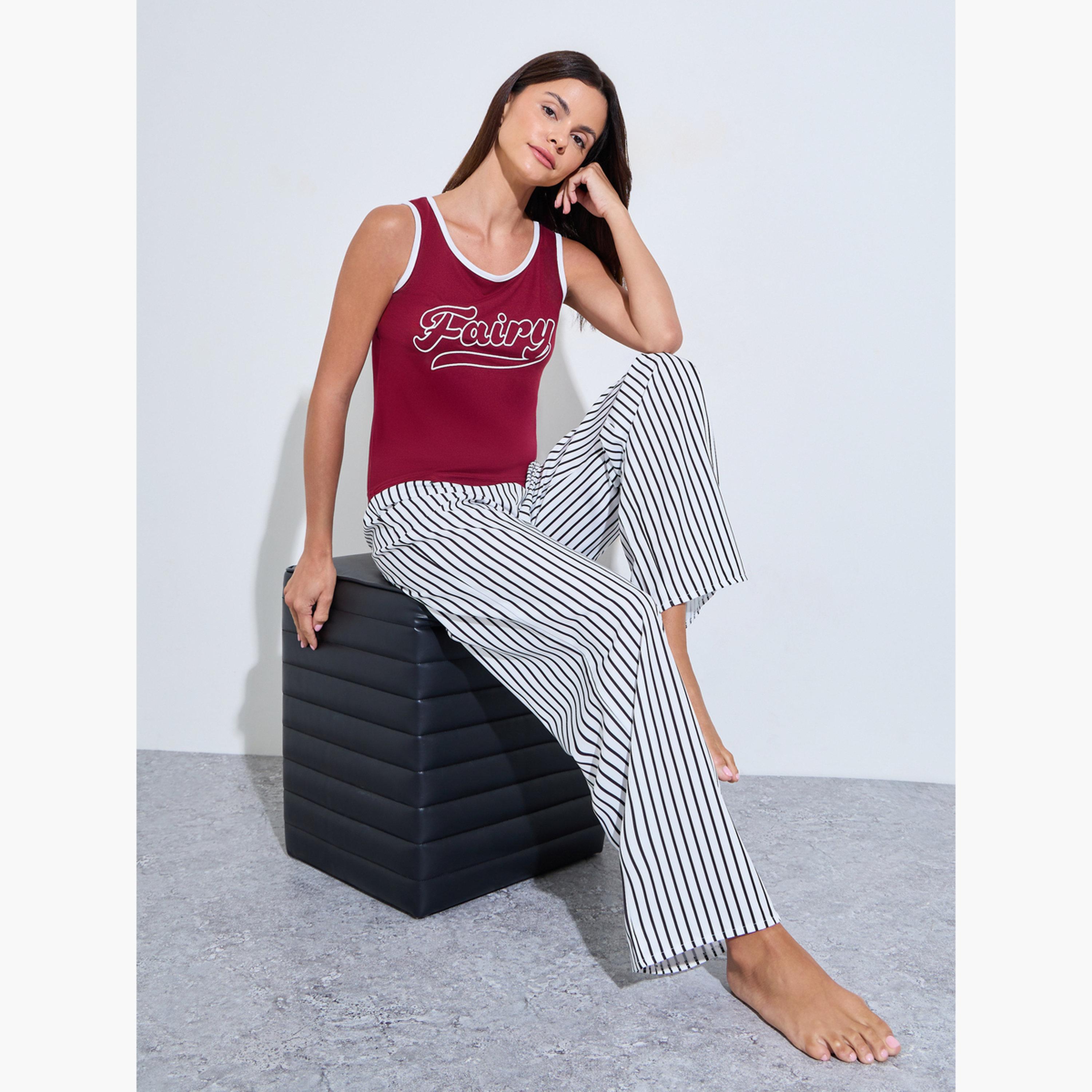 Styli Red Printed Tank and Striped Pyjama Set-women-clothing-nightwear-pyjamas-longsets-image-2