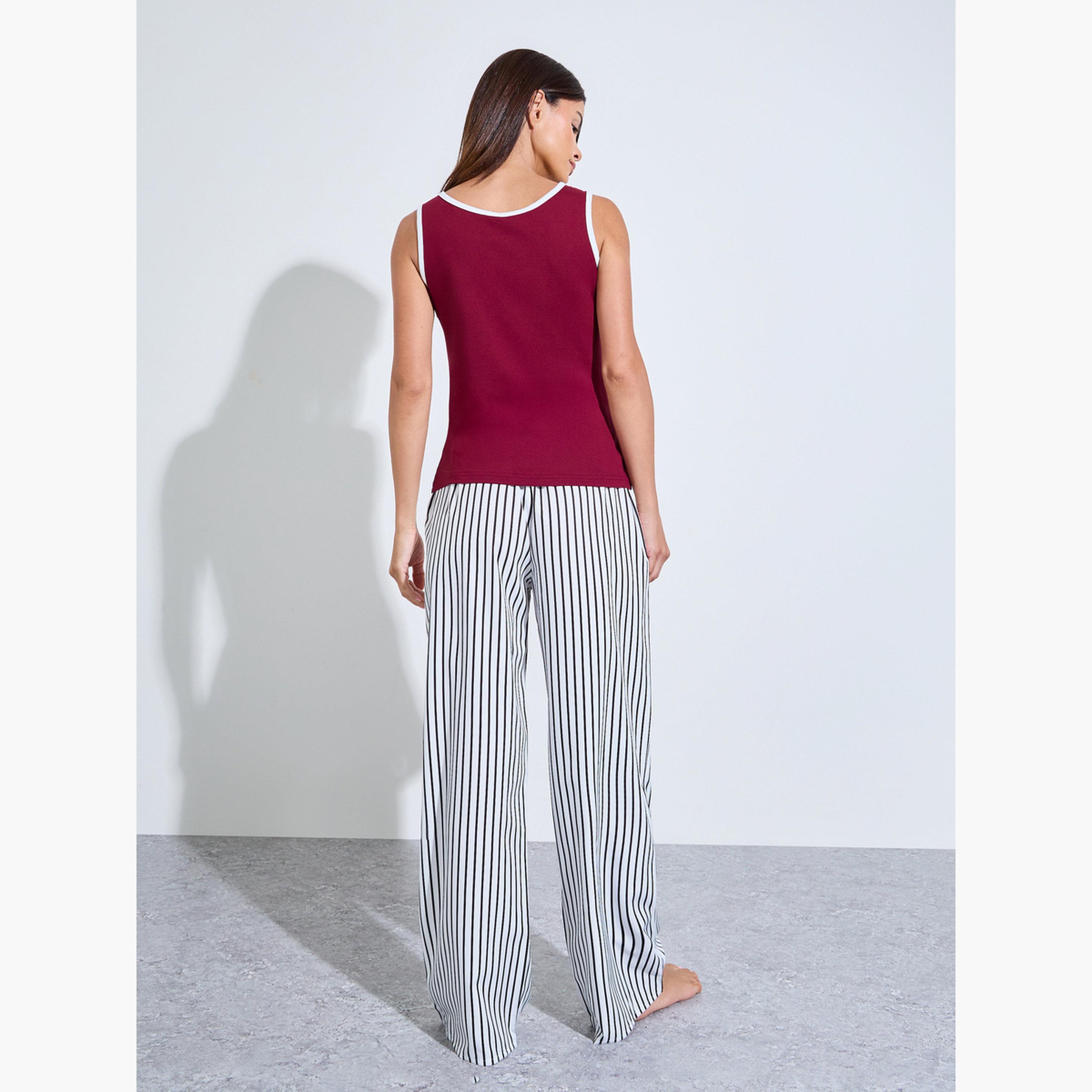 ستايلي - طقم بيجاما مخططة مع قميص داخلي أحمر مطبوع-women-clothing-nightwear-pyjamas-longsets-image-4