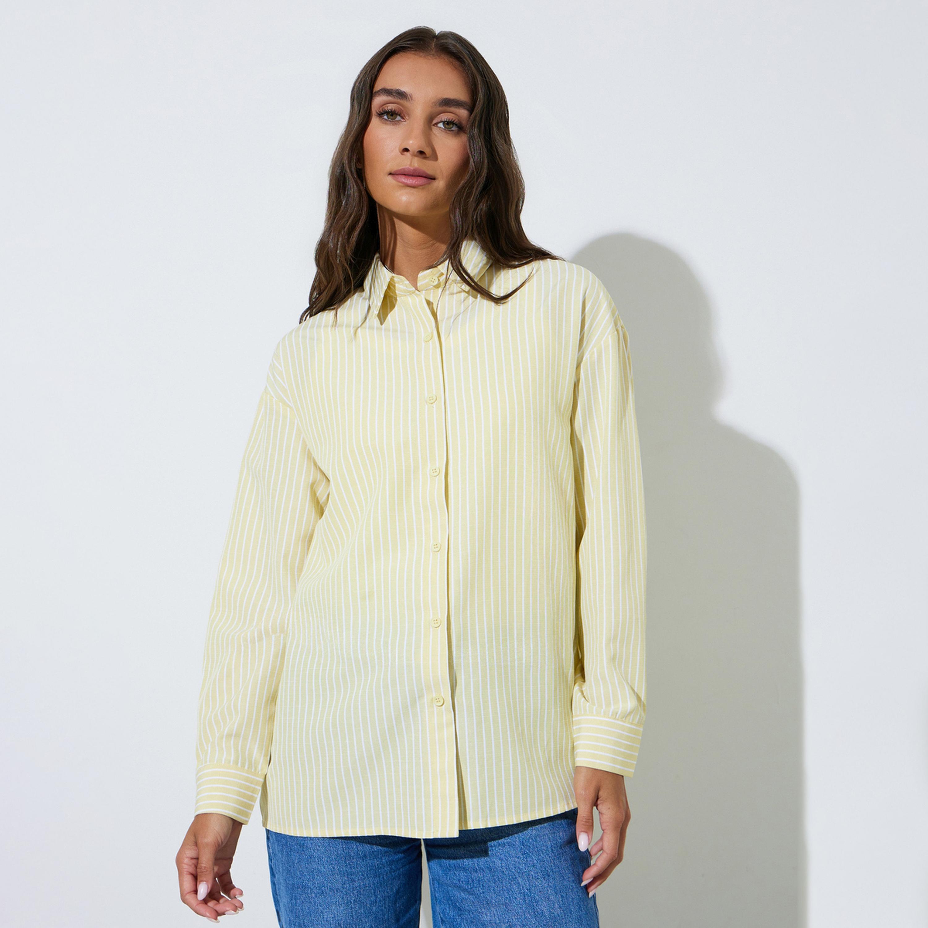 Styli Yellow Striped Long Sleeves Oversized Shirt-women-clothing-shirtsandblouses-shirts-image-1