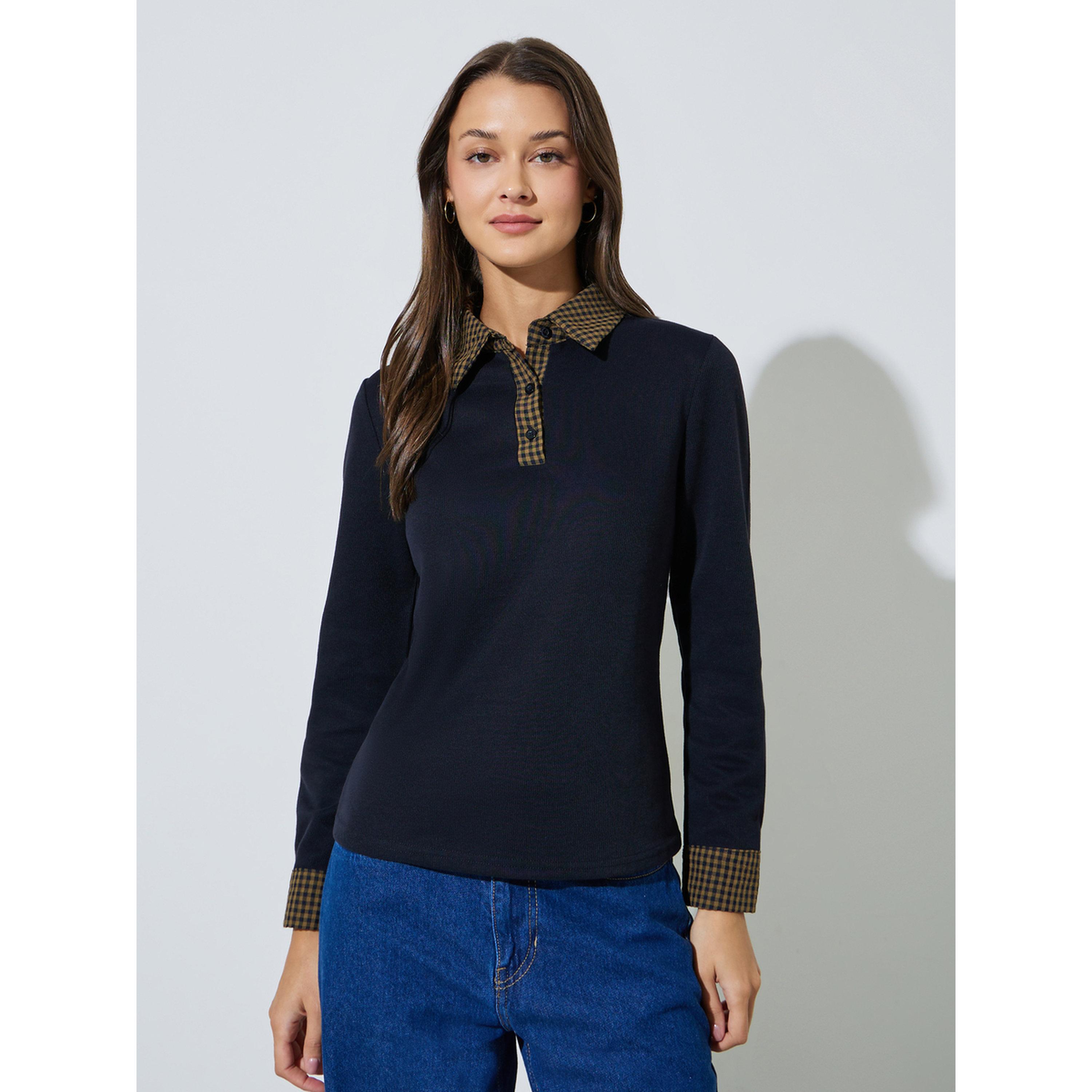 Styli Black Checked Collar and Cuffs Long Sleeves Knit Top-women-clothing-tshirts-image-1