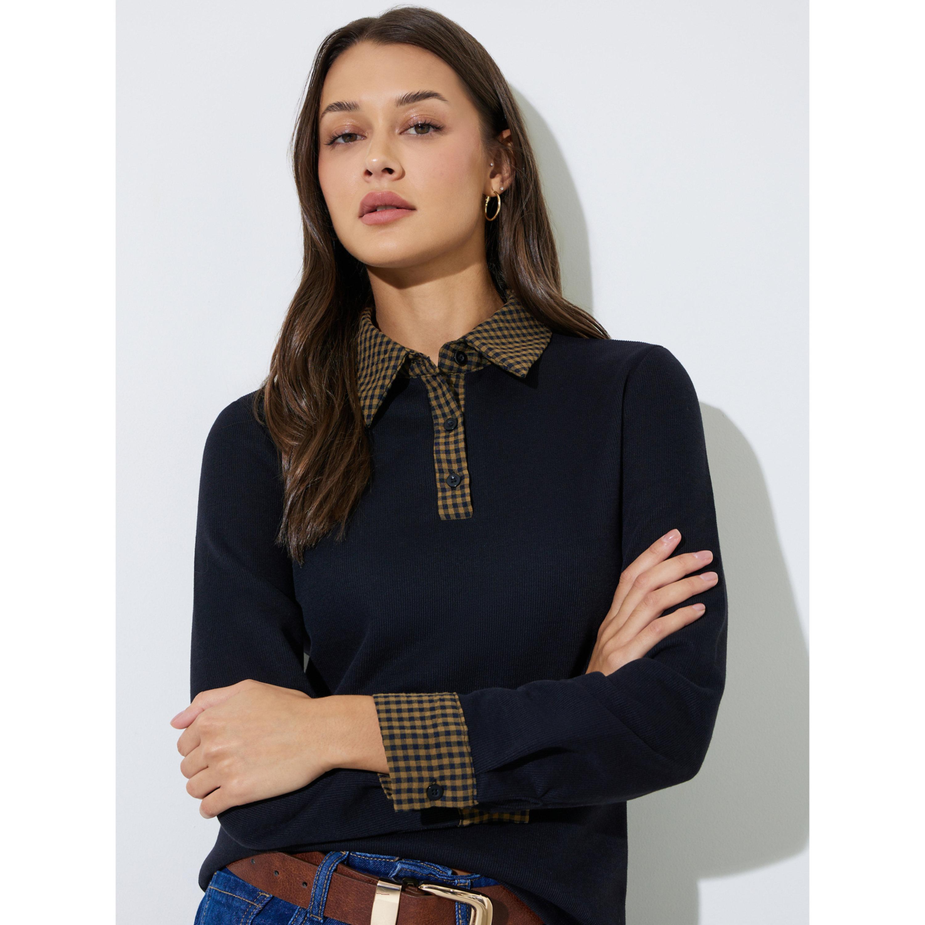 Styli Black Checked Collar and Cuffs Long Sleeves Knit Top-women-clothing-tshirts-image-3