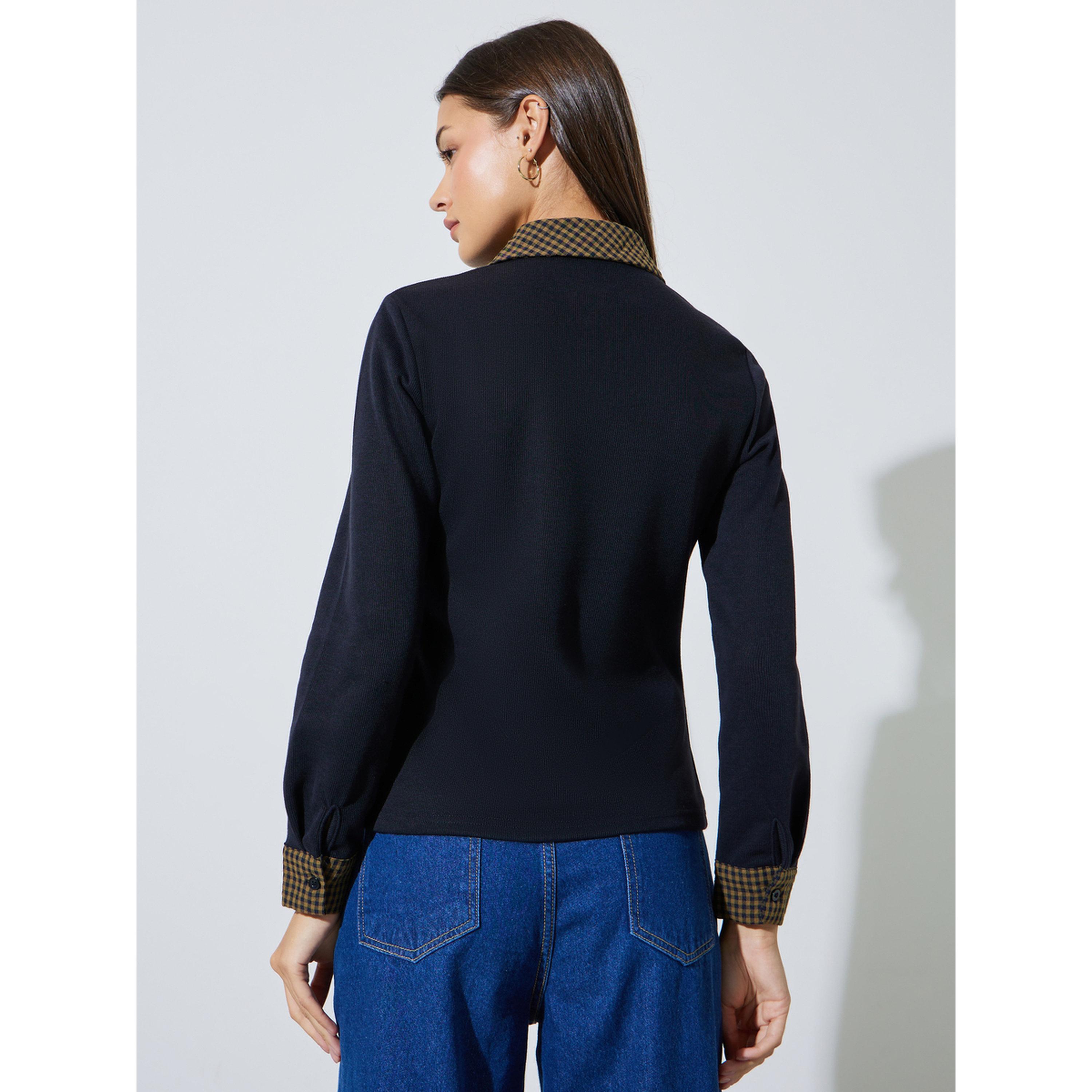 بلوزة محبوكة بأكمام طويلة وياقة وأساور بمربعات-women-clothing-tshirts-image-4