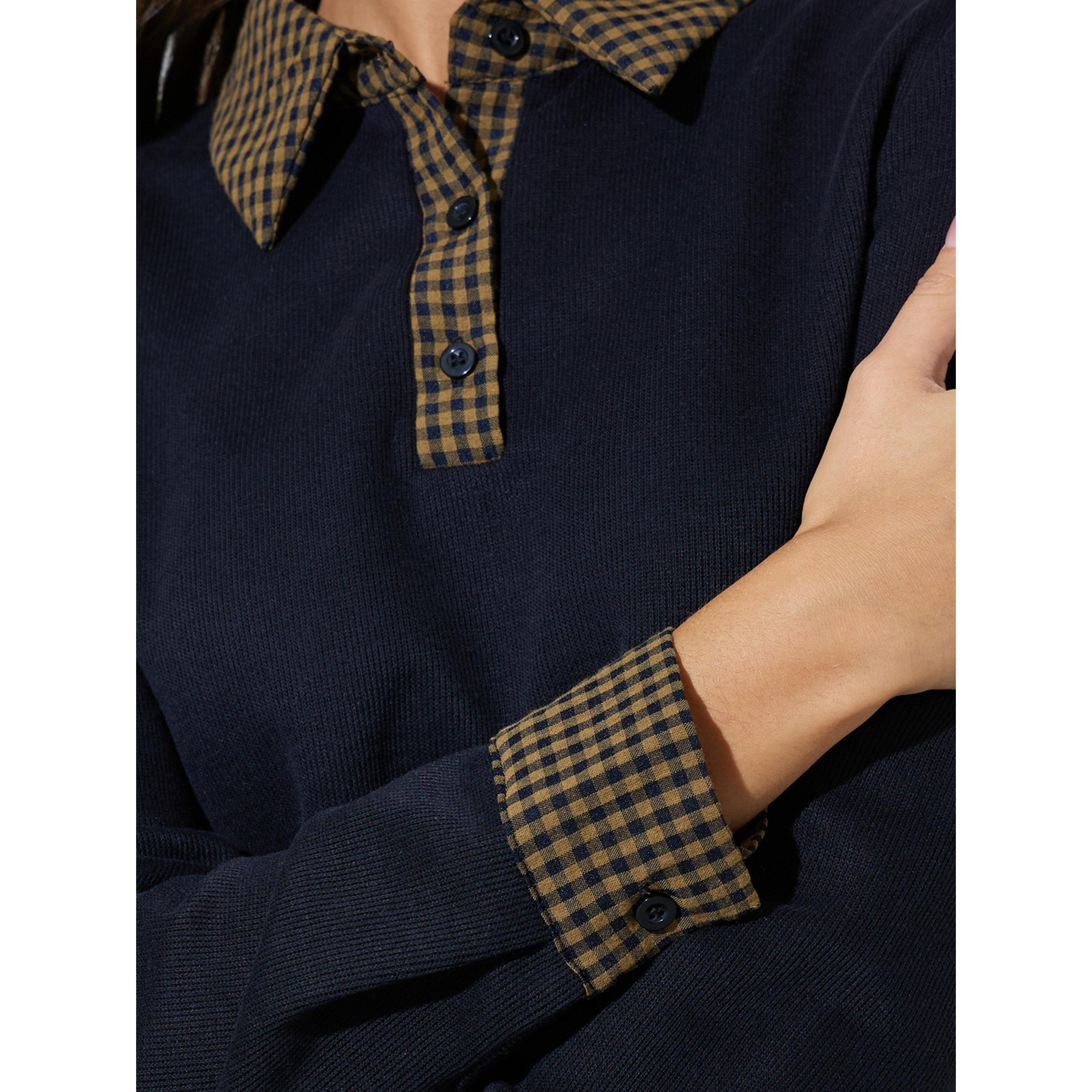 Styli Black Checked Collar and Cuffs Long Sleeves Knit Top-women-clothing-tshirts-image-5