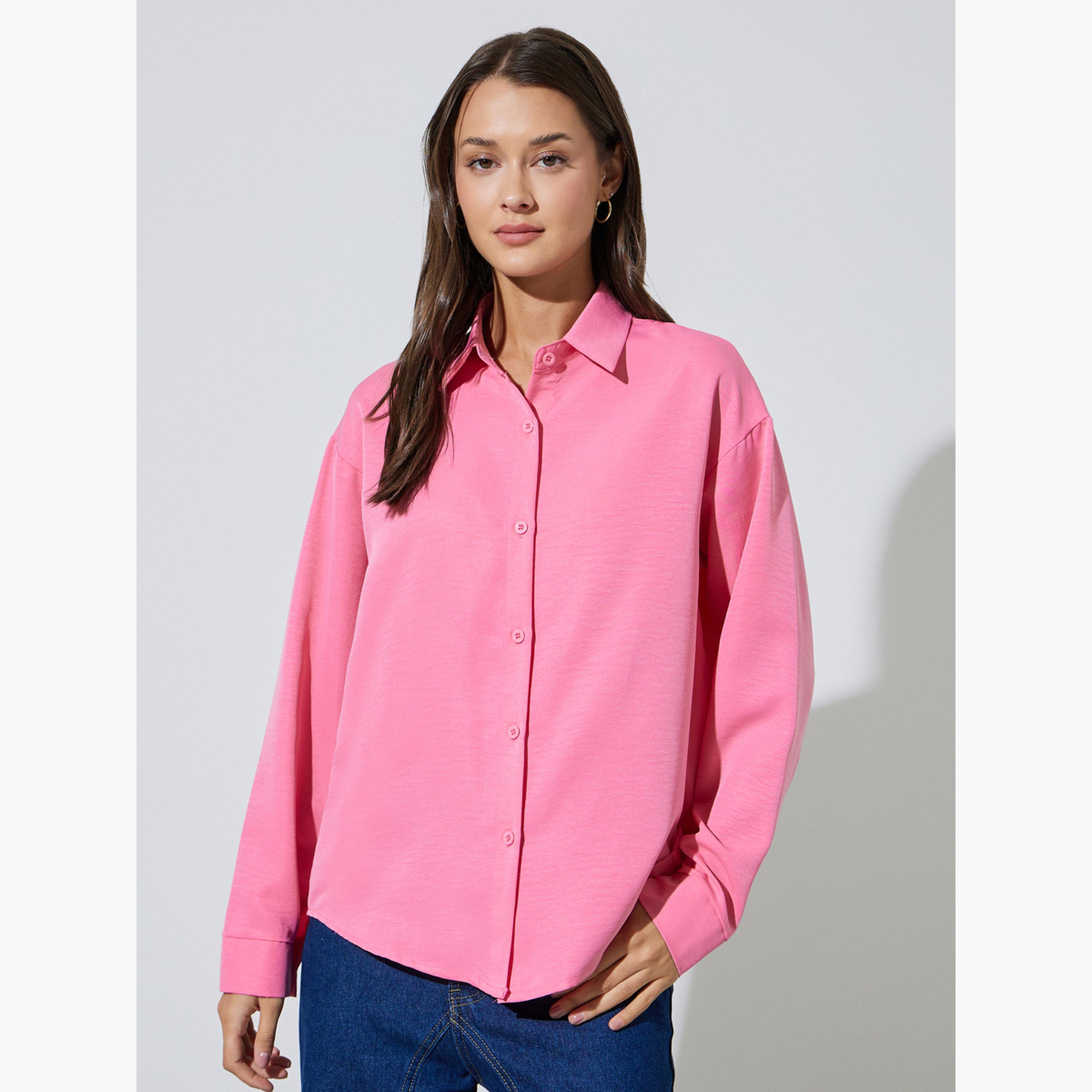 قميص واسع بأكمام طويلة بلون سادة لون وردي-women-clothing-shirtsandblouses-shirts-image-1