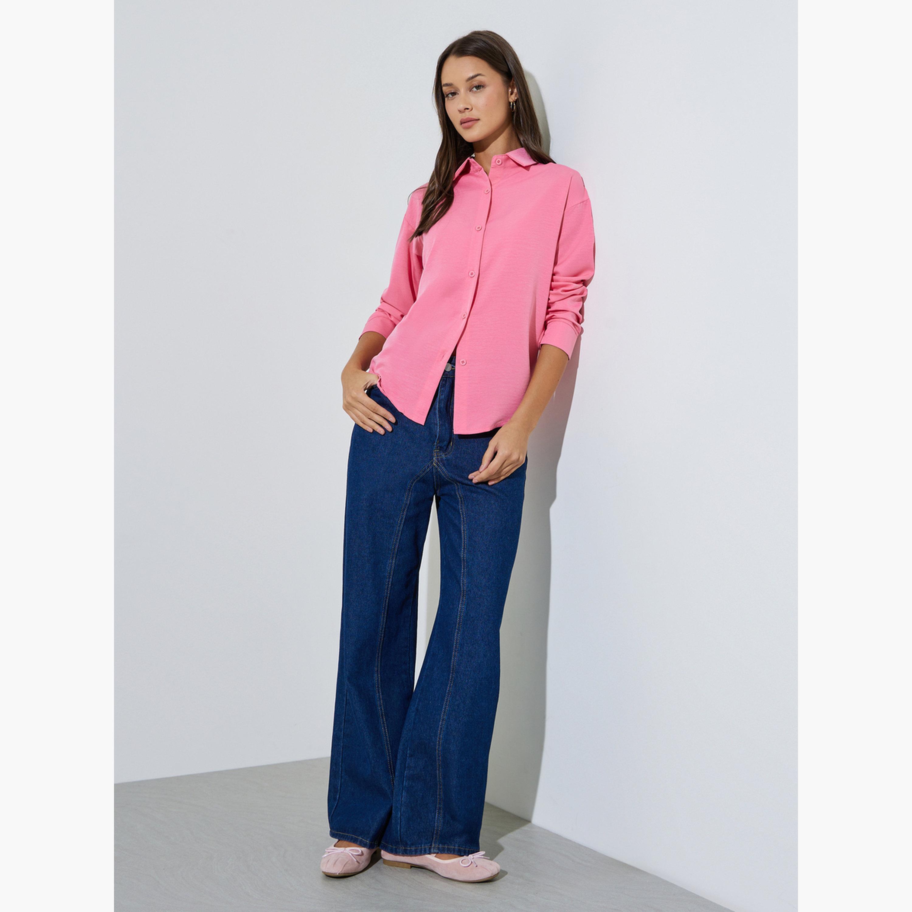 قميص واسع بأكمام طويلة بلون سادة لون وردي-women-clothing-shirtsandblouses-shirts-image-2