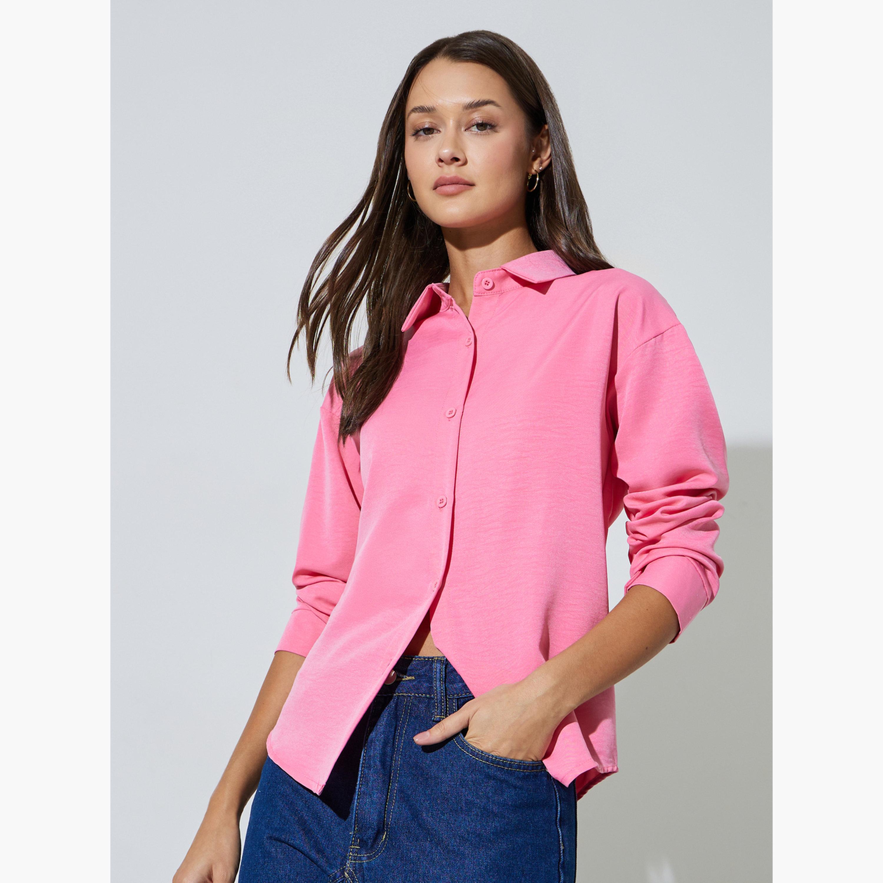قميص واسع بأكمام طويلة بلون سادة لون وردي-women-clothing-shirtsandblouses-shirts-image-3