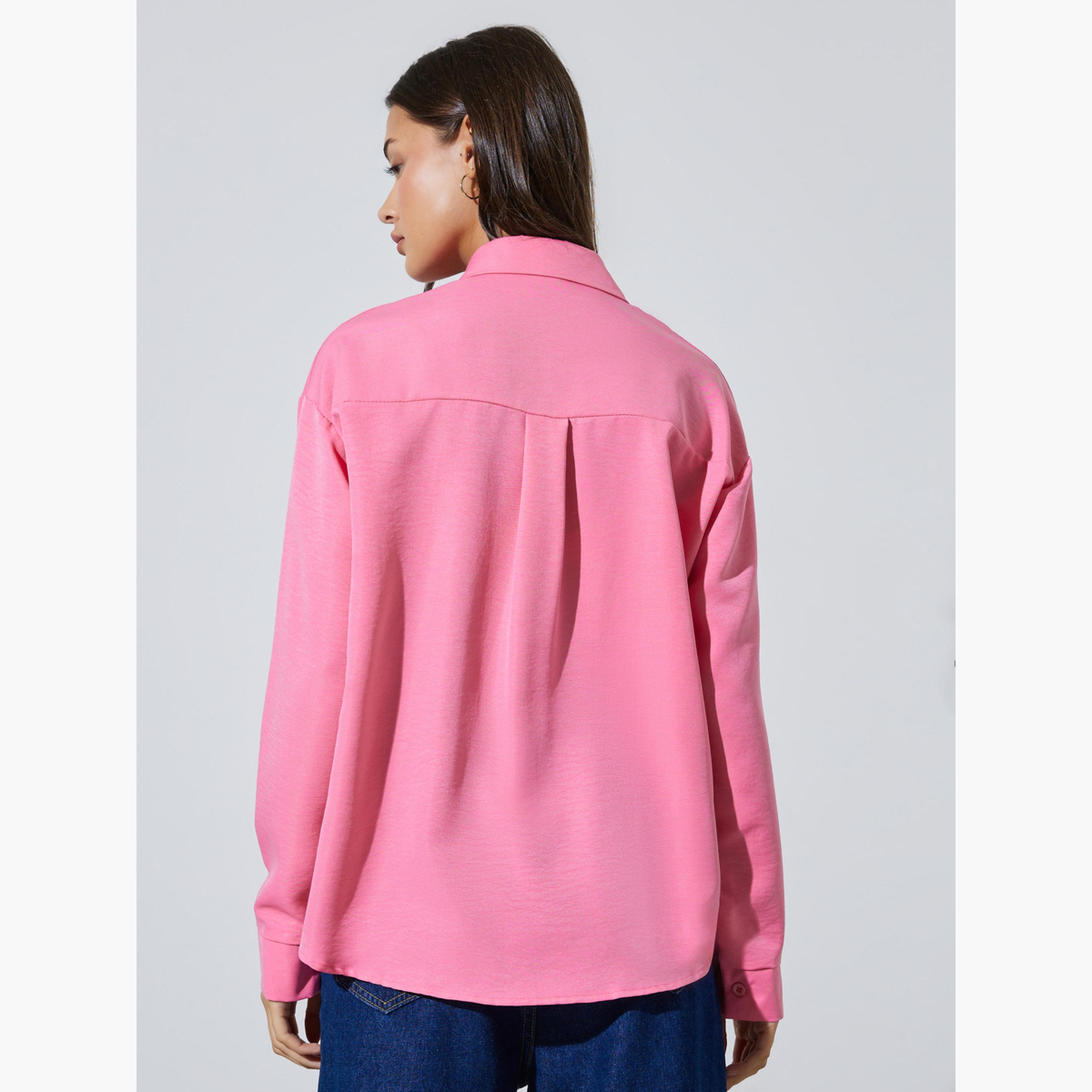 قميص واسع بأكمام طويلة بلون سادة لون وردي-women-clothing-shirtsandblouses-shirts-image-4
