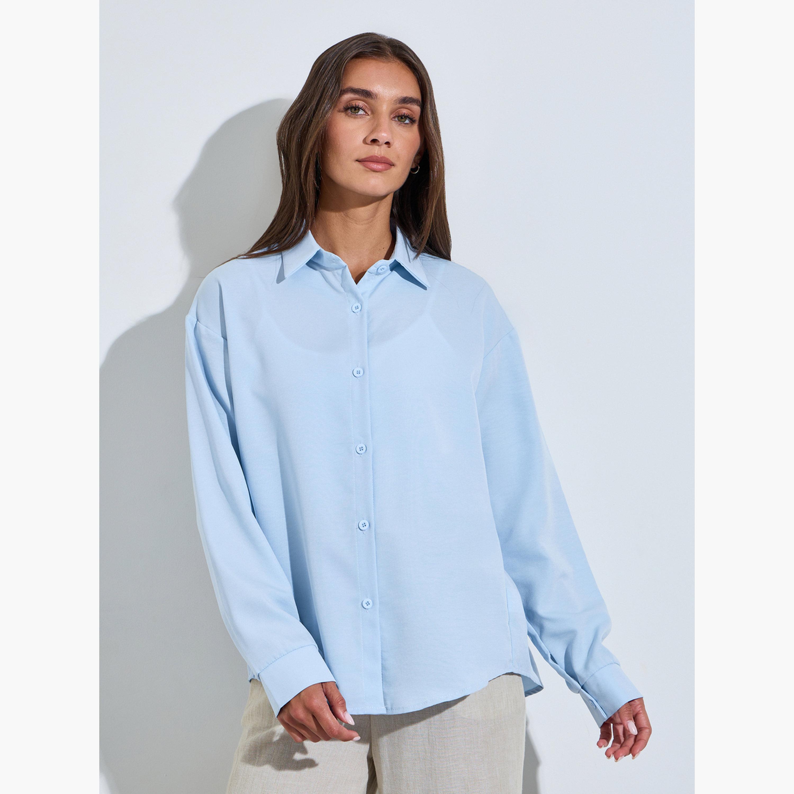 قميص واسع بأكمام طويلة بلون سادة لون أزرق فاتح-women-clothing-shirtsandblouses-shirts-image-1