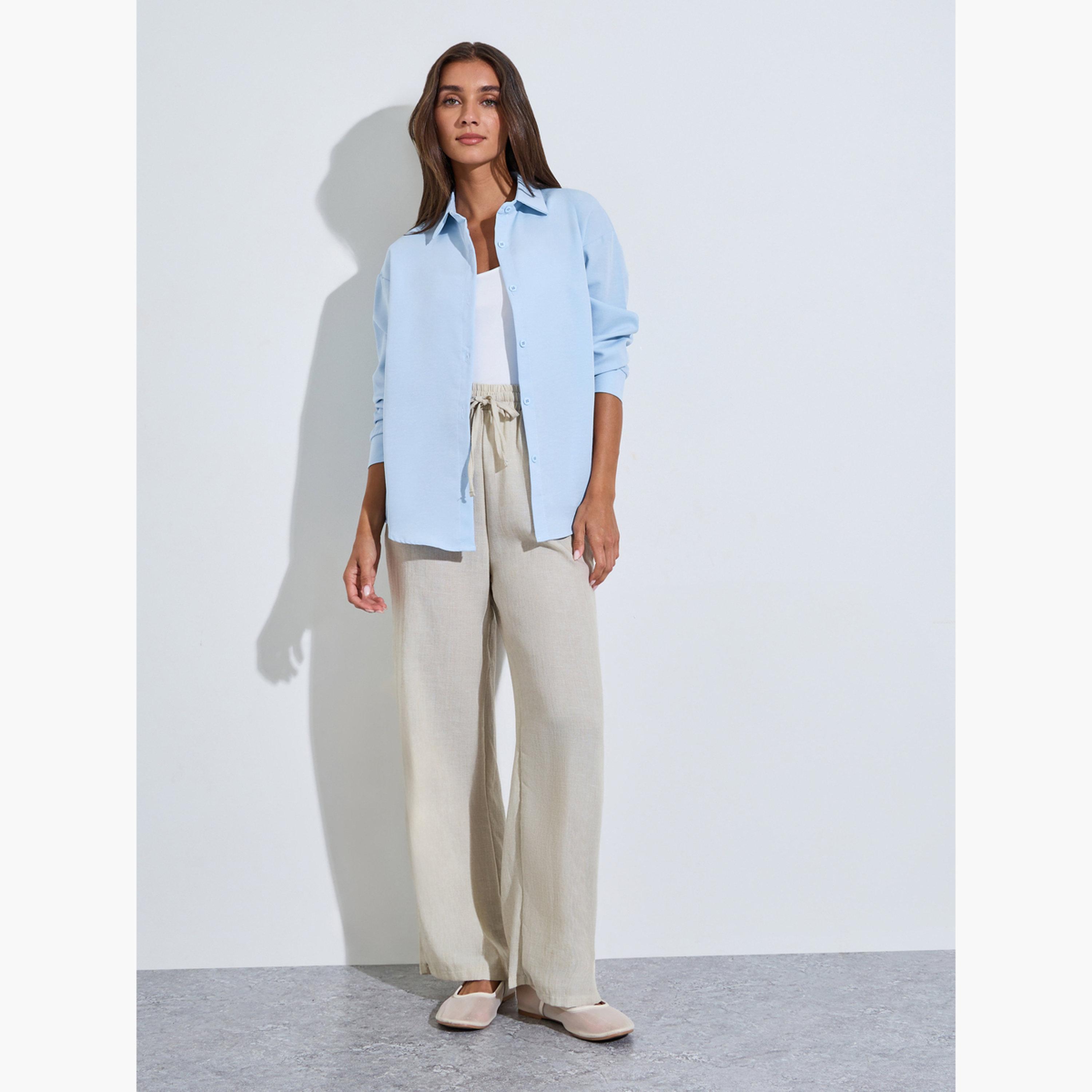 قميص واسع بأكمام طويلة بلون سادة لون أزرق فاتح-women-clothing-shirtsandblouses-shirts-image-2