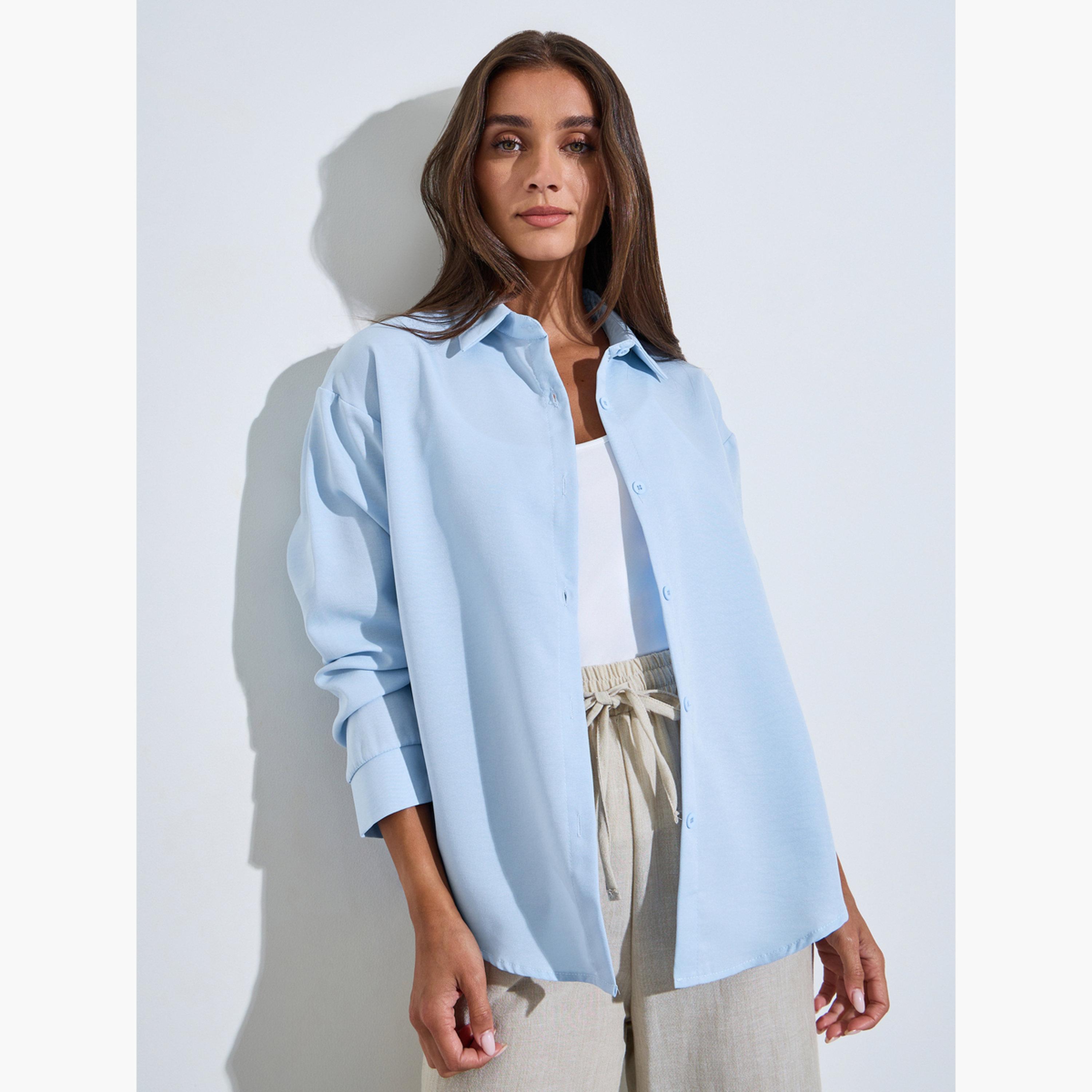 قميص واسع بأكمام طويلة بلون سادة لون أزرق فاتح-women-clothing-shirtsandblouses-shirts-image-3
