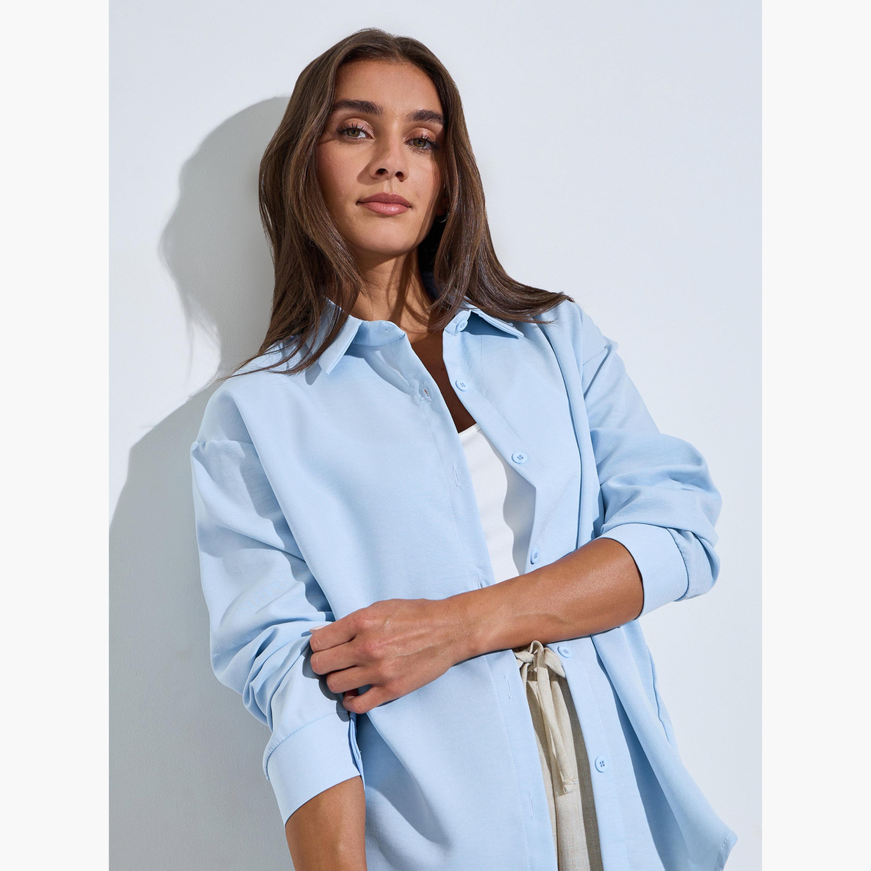 قميص واسع بأكمام طويلة بلون سادة لون أزرق فاتح-women-clothing-shirtsandblouses-shirts-image-4