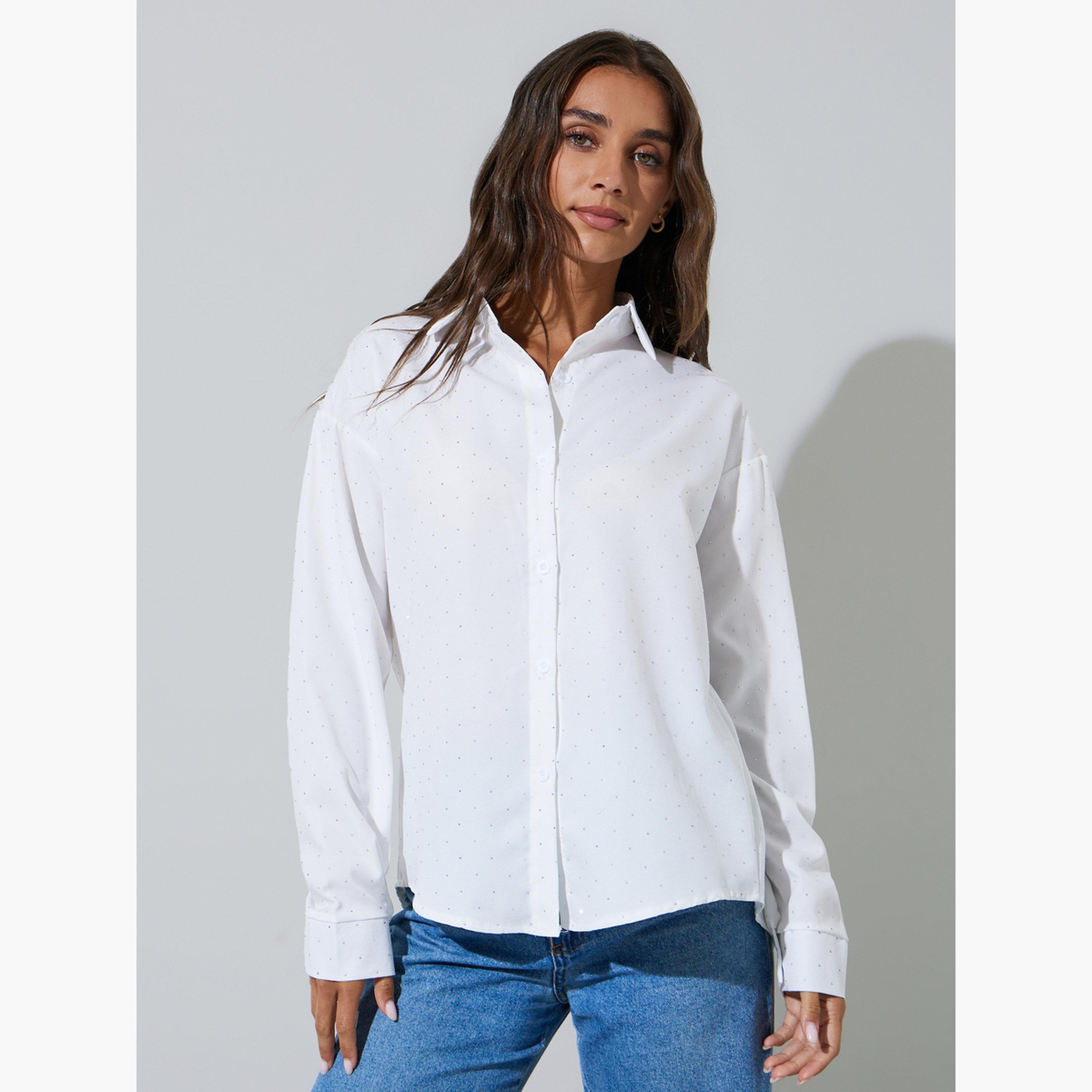 قميص واسع بأكمام طويلة وتفاصيل مزينة لون أبيض-women-clothing-shirtsandblouses-shirts-image-1